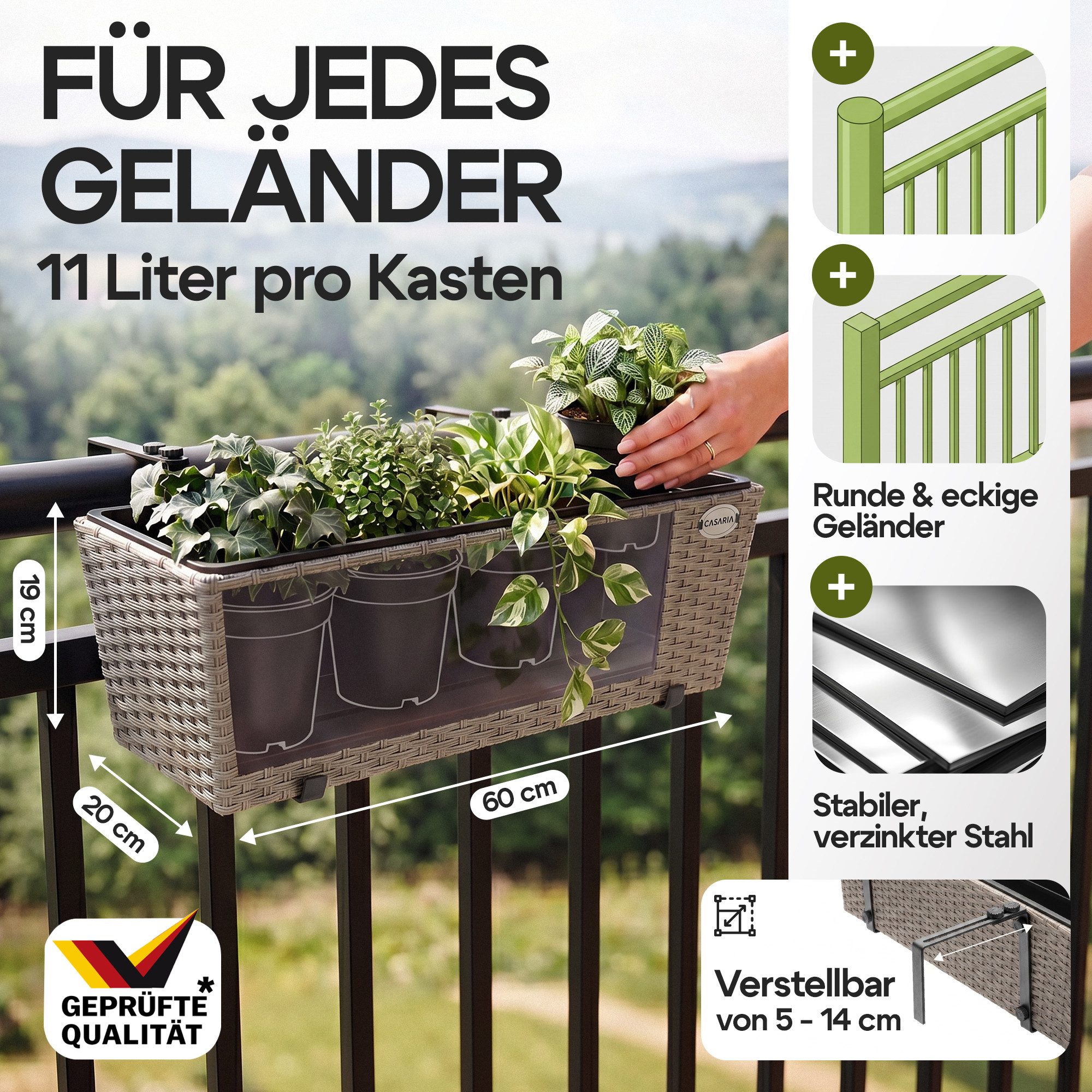 Casaria Blumenkasten, 2er Set 11 Liter Montagehalterung indoor outdoor Geländerkasten