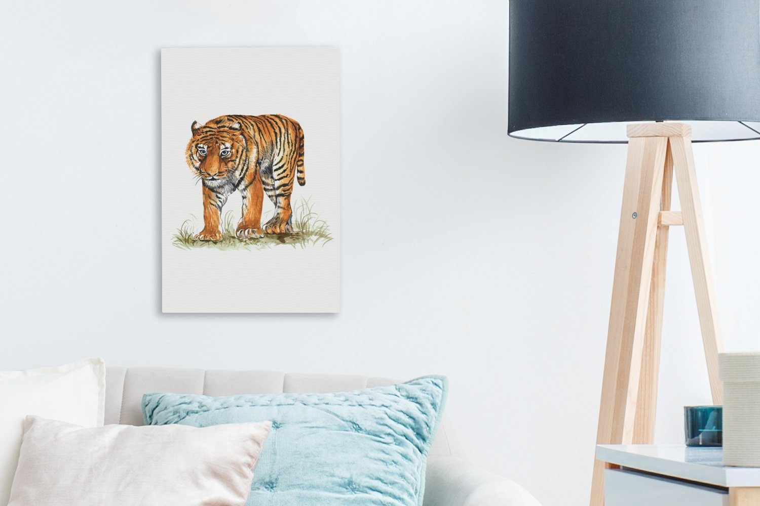 Gras, - bespannt Gemälde, 20x30 Kopf Tiger Leinwandbild cm - OneMillionCanvasses® Leinwandbild Zackenaufhänger, (1 St), fertig inkl.