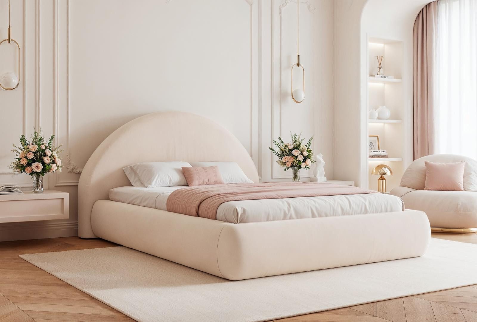 Compleo Polsterbett glamourös, Designerbett mit Bettkasten und Lattenrost, rundes Kopfteil