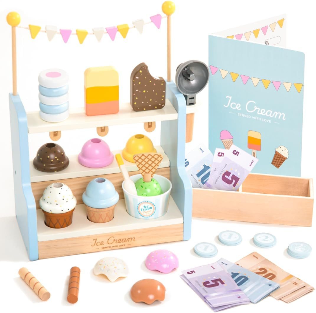 Esun Spielküche Kinder Eisdiele aus Holz - Eisladen inkl. Küchenzubehör, Spielgeld, Kinderküche Kaufläden & Zubehör zum Rollenspiel