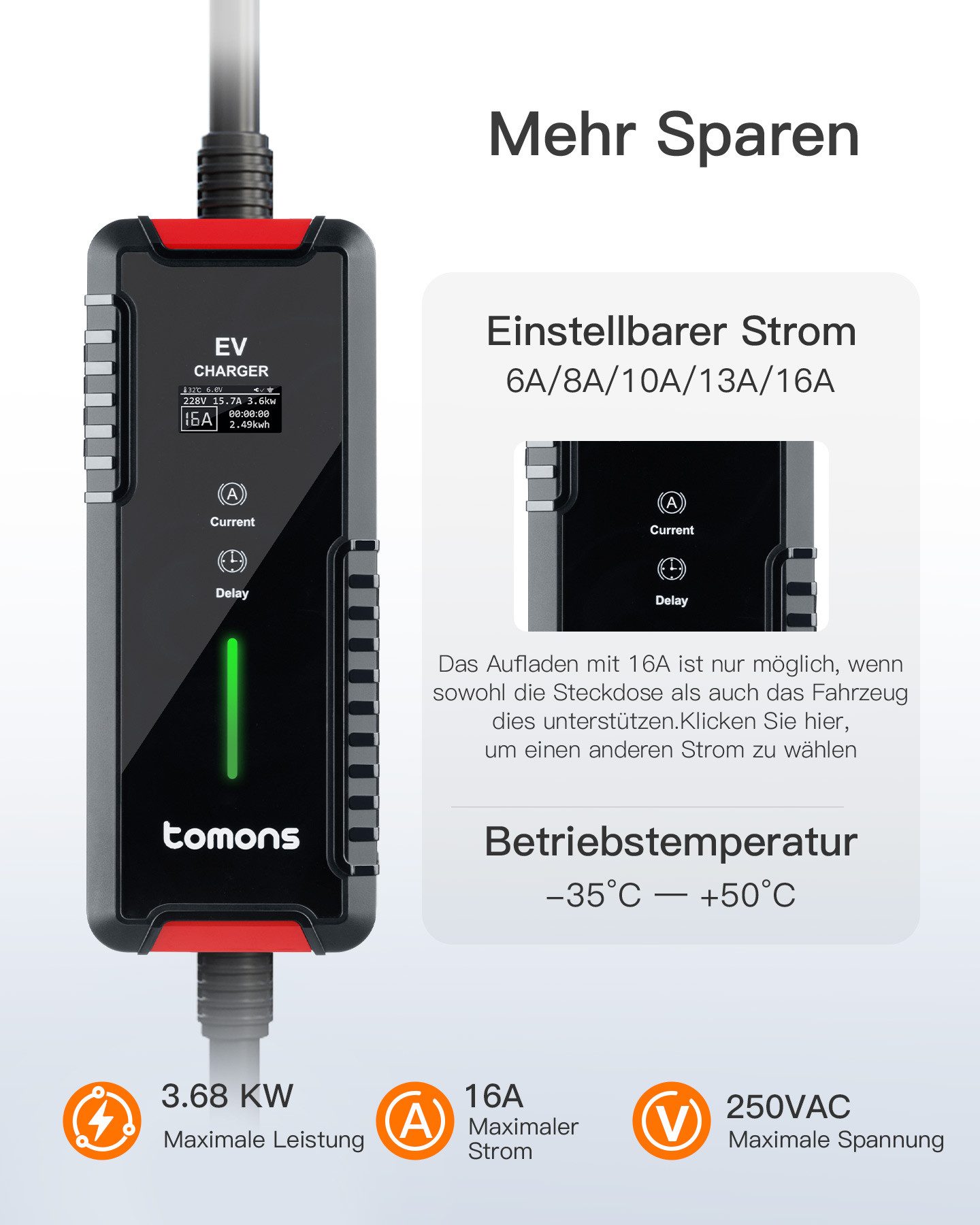 Tomons Ladekabel Elektroauto Typ 2 Schuko 3,68 kW Wallbox Autoladekabel, (600 cm), IP65, mit Verzögerungsfunktion