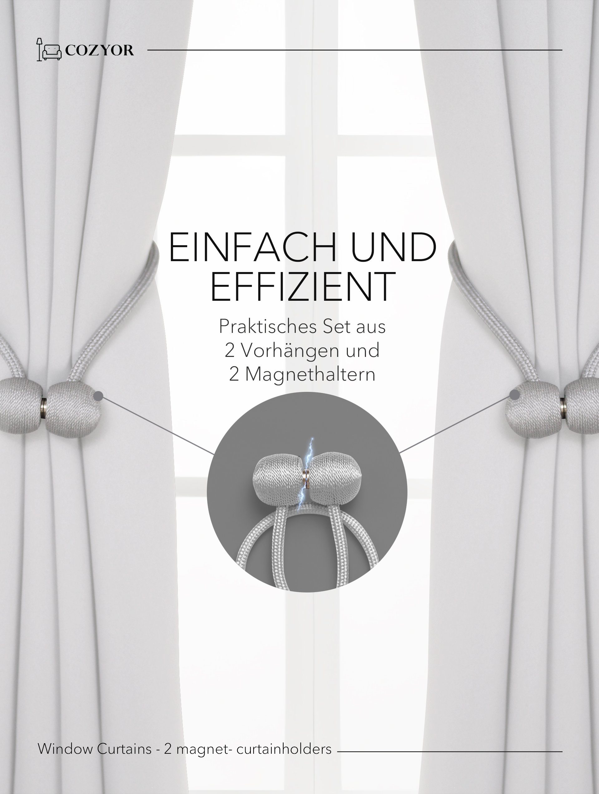 Cozyor Vorhang weiß 2er Set + 2 Raffhalter - Gardine mit Ösen wahlweise mit Stange (2 St), Ösen, blickdicht, 100% Polyester, Gardinen Thermo Vorhang 160x135 Woh – Bild 3 von 5