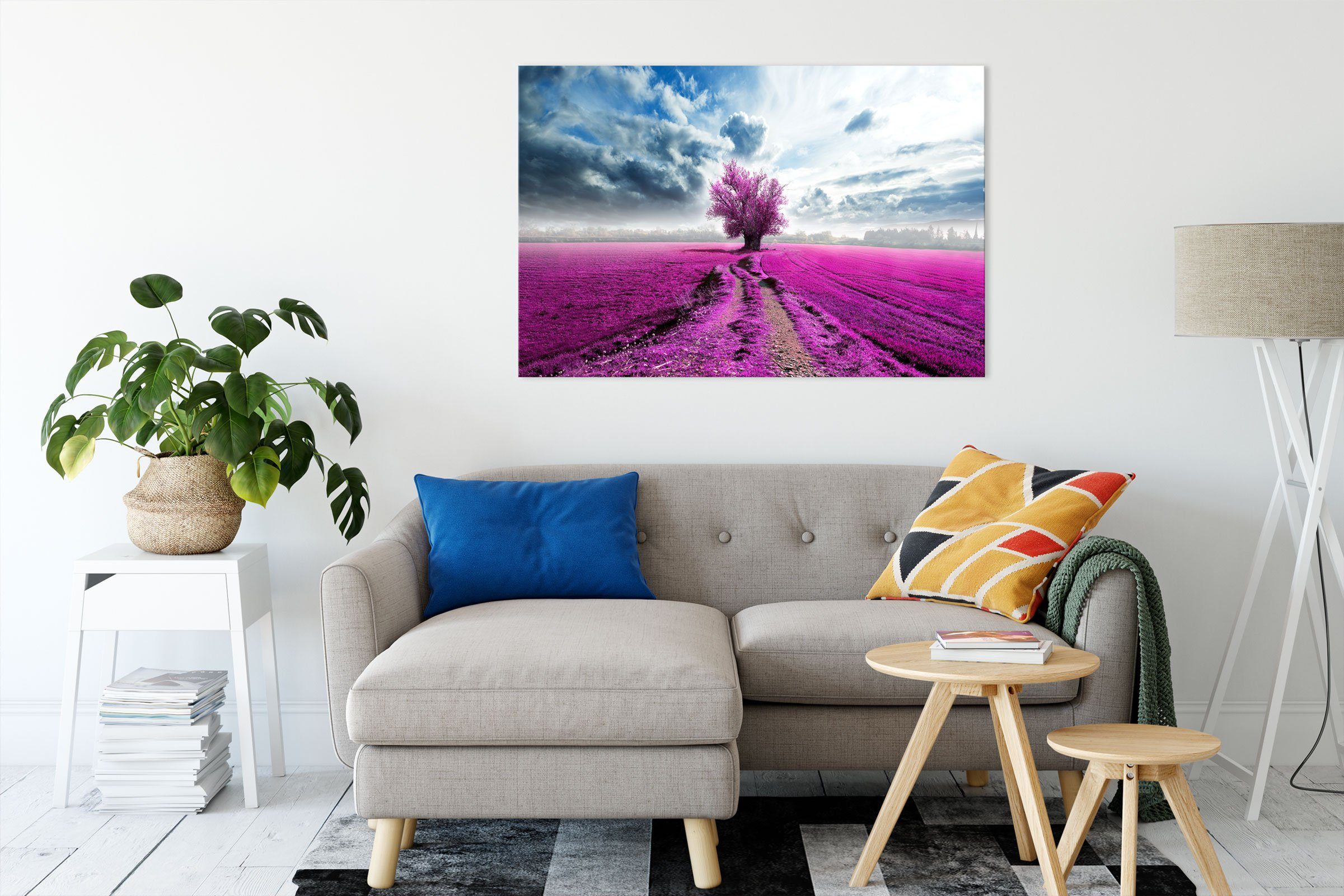 Pixxprint Leinwandbild Pinkes Feld mit pinkem Baum, Pinkes Feld mit pinkem günstig online kaufen