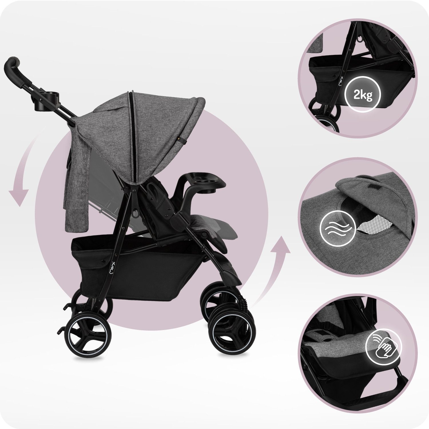 MoMi Kinder-Buggy Isla, Rotierendes Kindertablett, Organizer und Zubehör inklusive