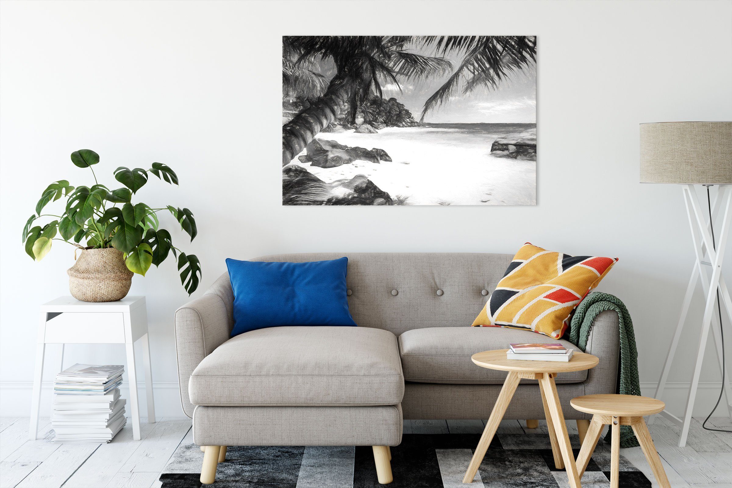 Pixxprint Leinwandbild Palmenstrand Seychellen bespannt, Zackenaufhänger St), Leinwandbild inkl. (1 fertig Seychellen Kunst, Kunst Palmenstrand