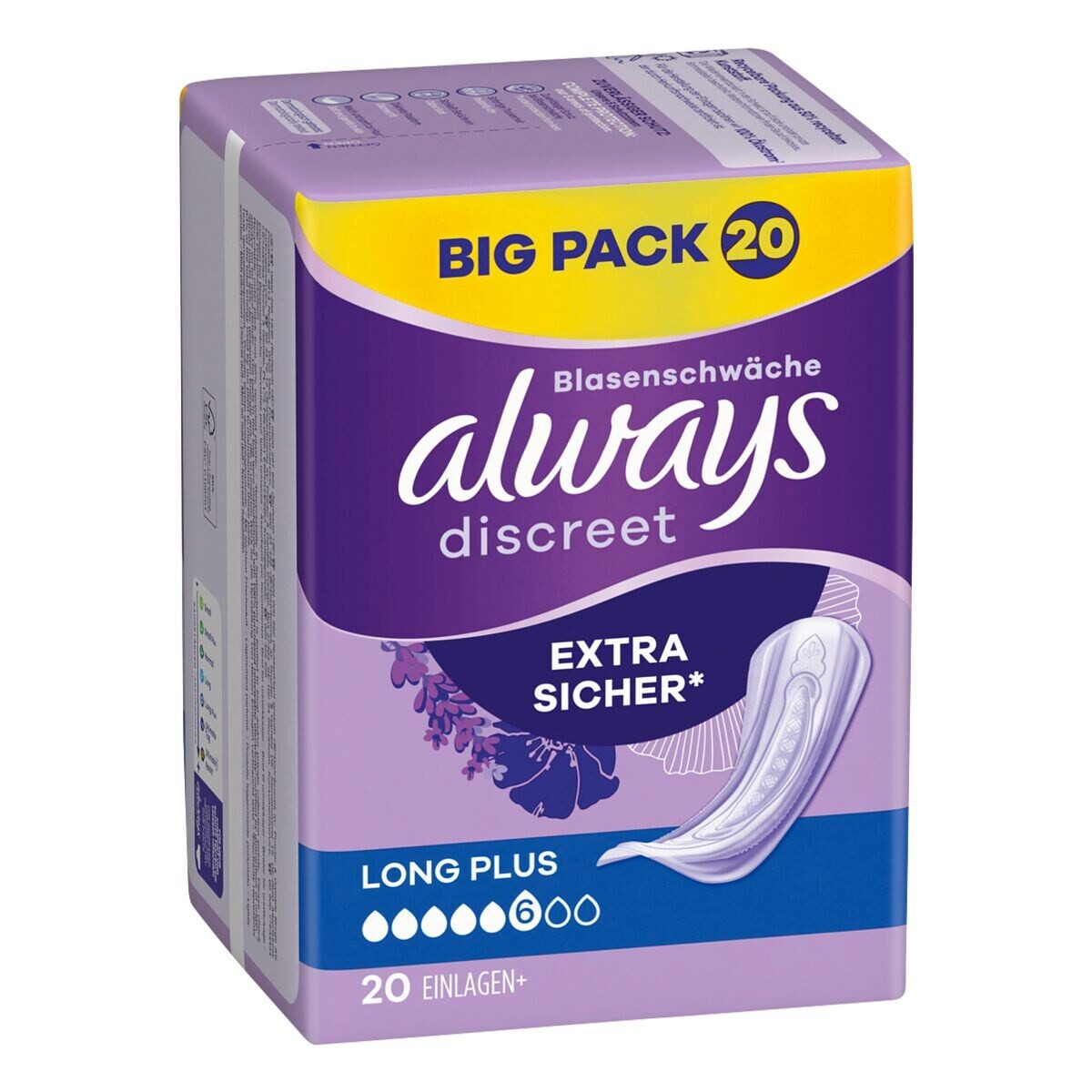 always Inkontinenz-Einlage Discreet + Long Plus, 6, 20-St., Saugstärke 6 - stärkere Blasenschwäche