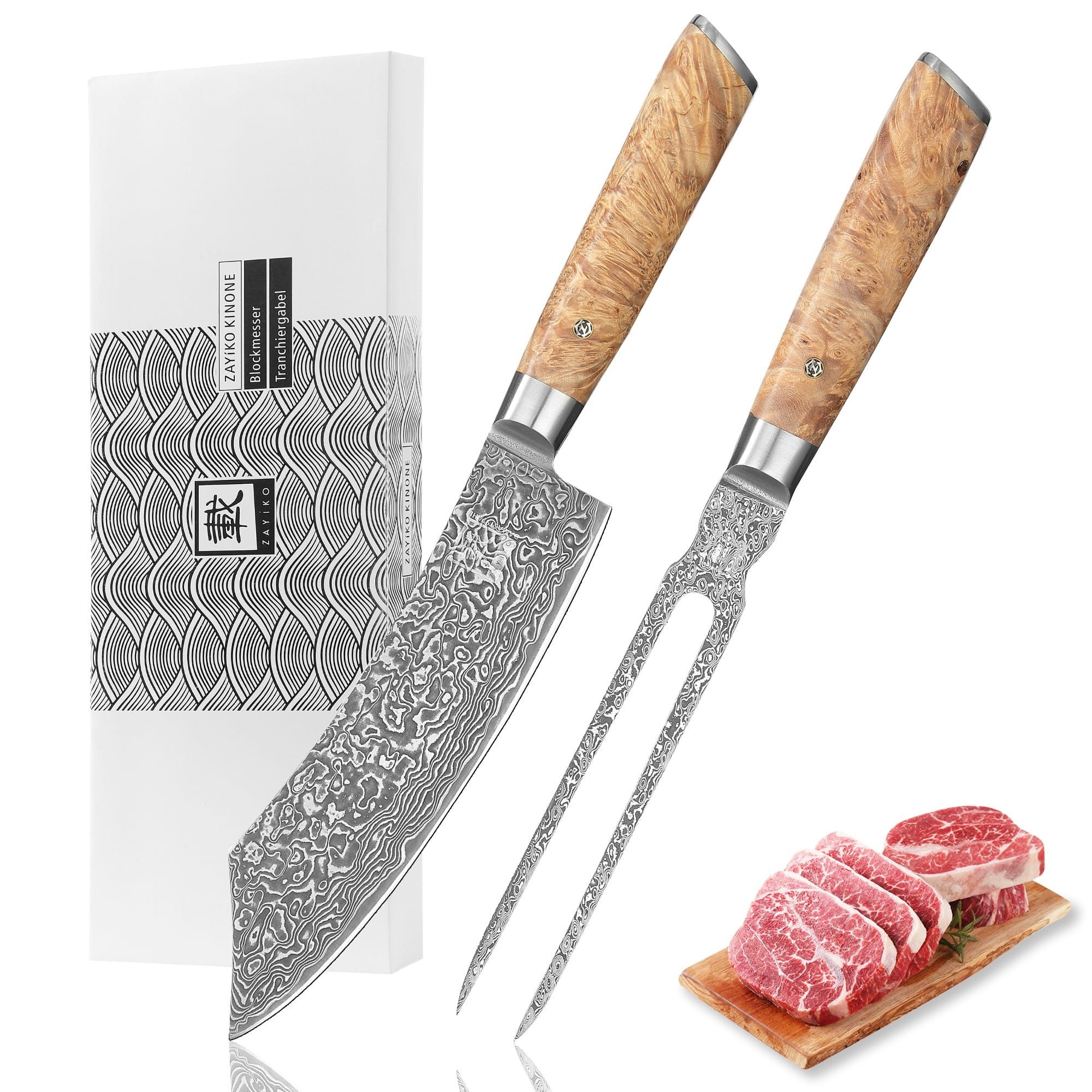 ZAYIKO Messer-Set Kinone Damast BBQTranchier-Set I 18-20 cm Klingen I Wurzelholzgriffe (Damastmesser mit Damastgabel, 2-tlg., 2er BBQ Tranchier-Set), schwarzer Damaststahl, VG10-Kern