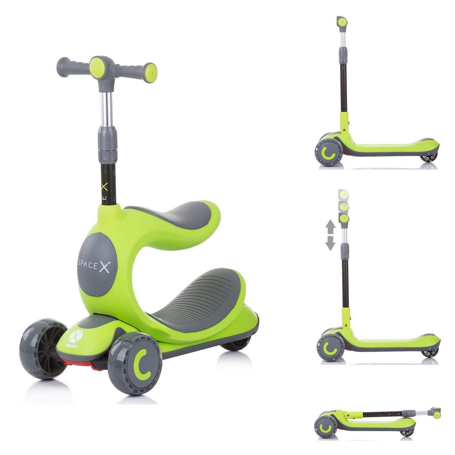 Kinderroller Scooter Kickroller mit Sitz Dreirad Laufrad 3 LED Rad für Kind Grün