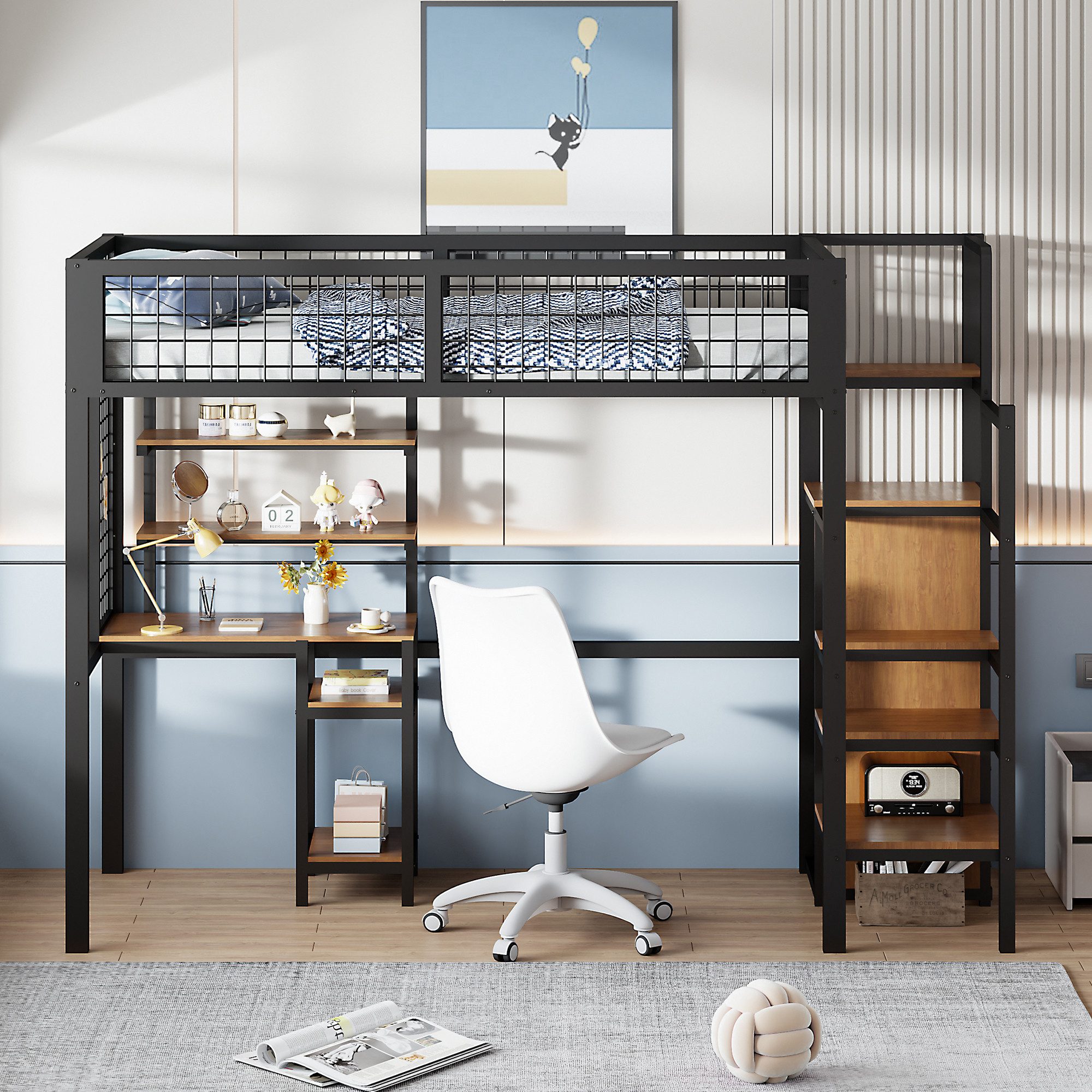 Flieks Hochbett Kinderbett 90x200cm mit Tisch/Leiter/Regal/Kleiderschrank günstig online kaufen