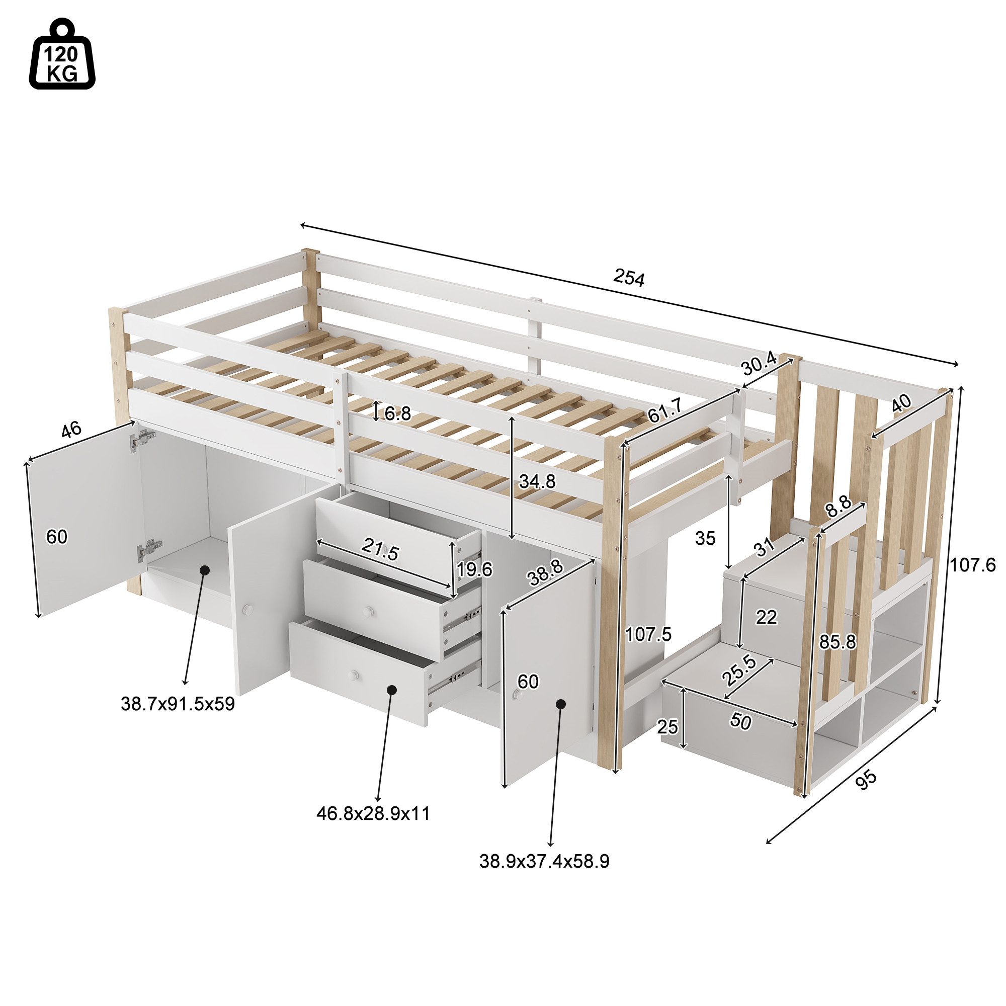 Merax Hochbett Kinderbett 90x200cm mit Stauschränken Schubladen Wäschestange & Treppe – Bild 5 von 5