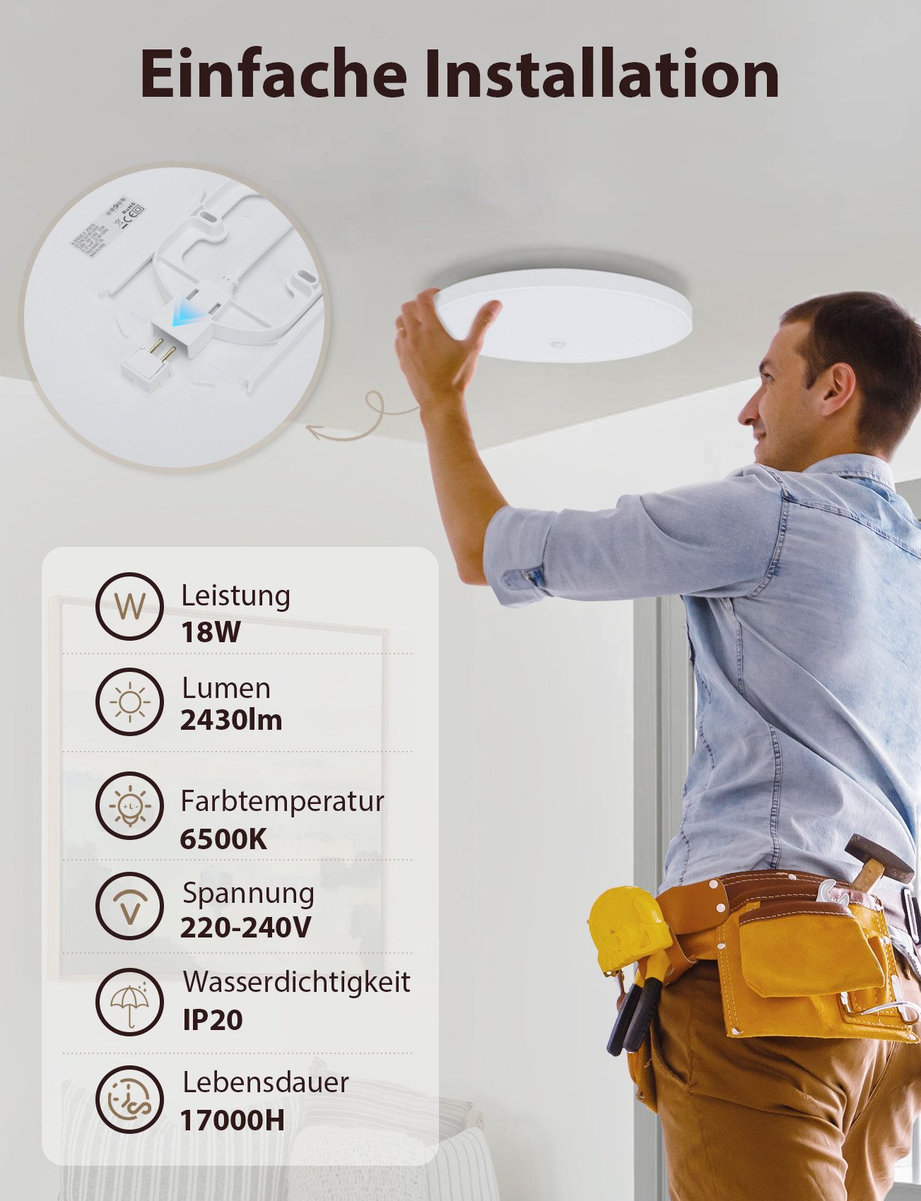 Great Jacob Deckenleuchte LED Deckenlampe mit Bewegungsmelder Innen, mit Dämmerungssensor Lampe, LED fest integriert, Warmweißes Licht, Kaltweißes Licht, Dämmerungssensor Deckenleuchte