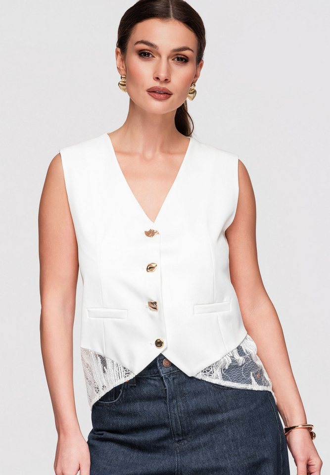 OMBRE Kurzweste Damen Weste Asymmetrisch Elegant Weiß M (kein Set, 1-tlg) Asymmetrischer Saum, transparente Spitze