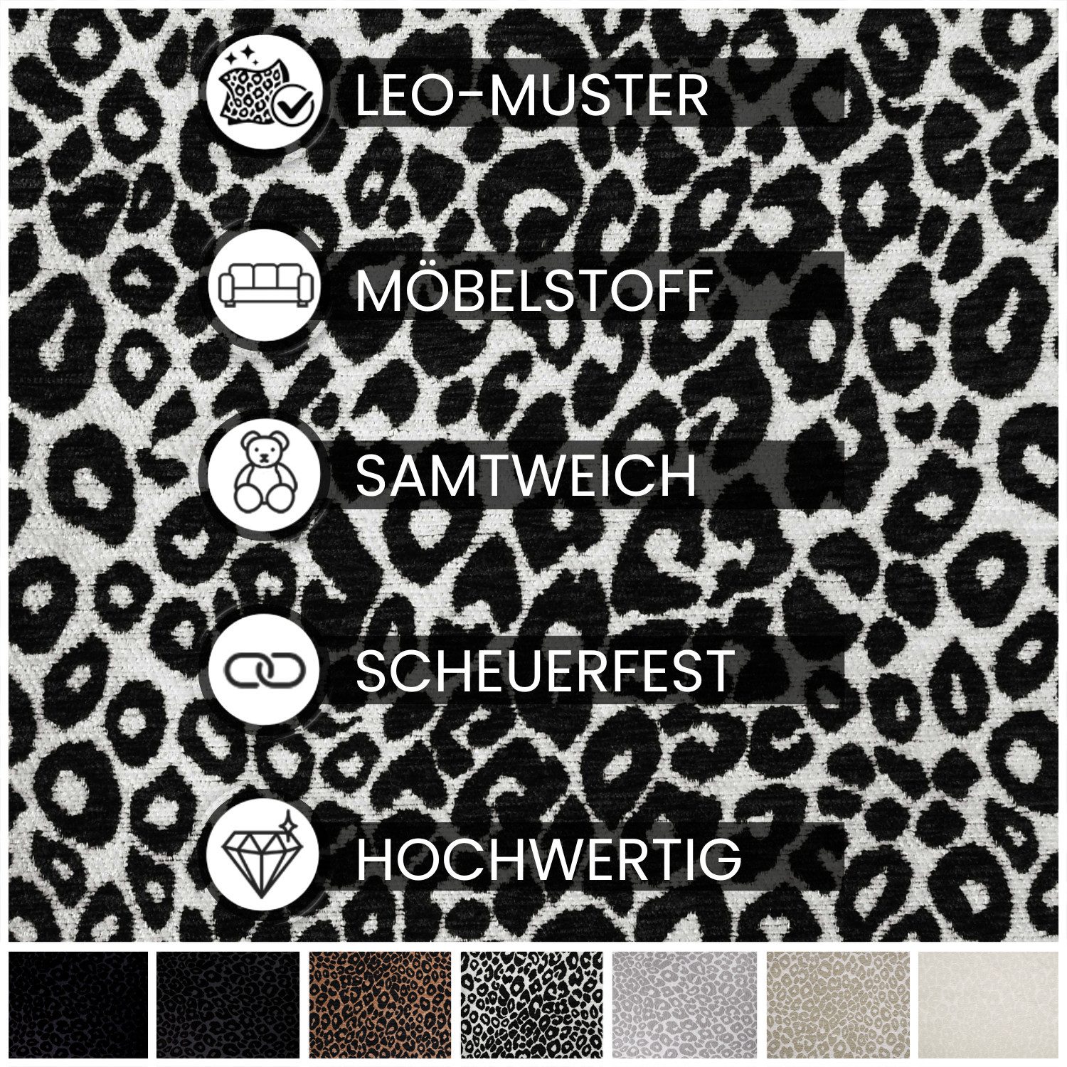 novely® Stoff LEO Jacquard-Polsterstoff im Leopardenmuster – Chenille, Meterwa, Robust, Samtweich, Verstärkte Rückseite