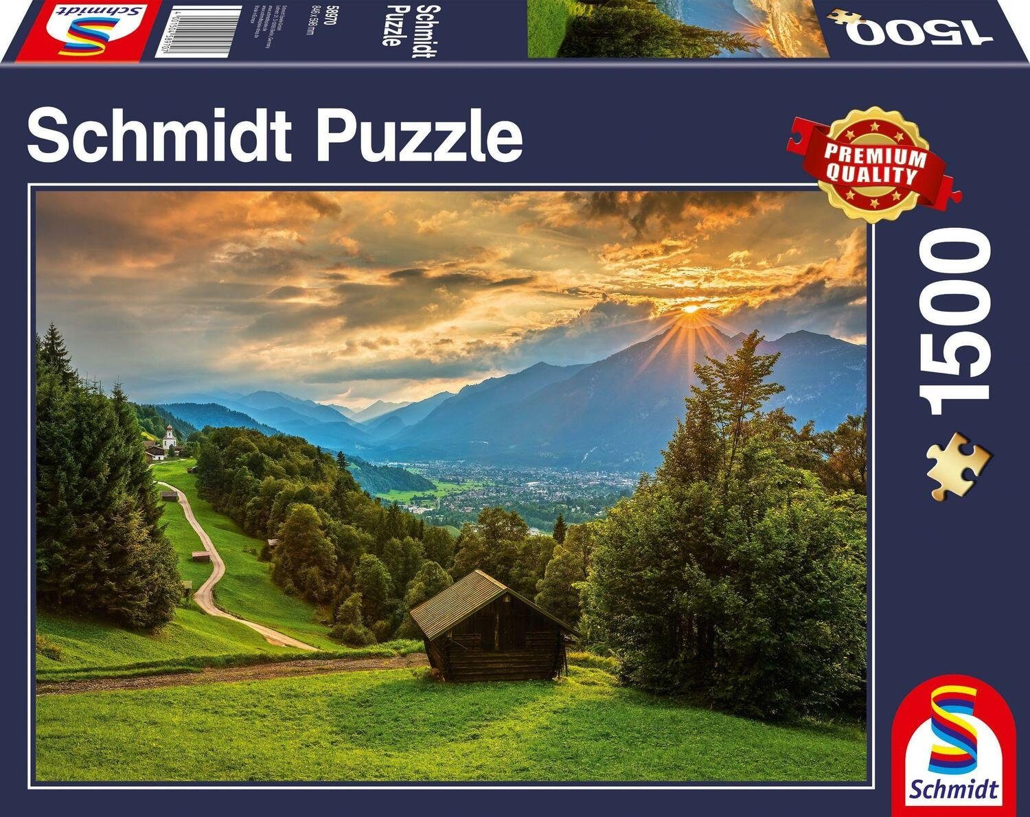 Schmidt Spiele Puzzle Sonnenuntergang über dem Bergdorf Wamberg Puzzle 1.500 Teile, 1500 Puzzleteile