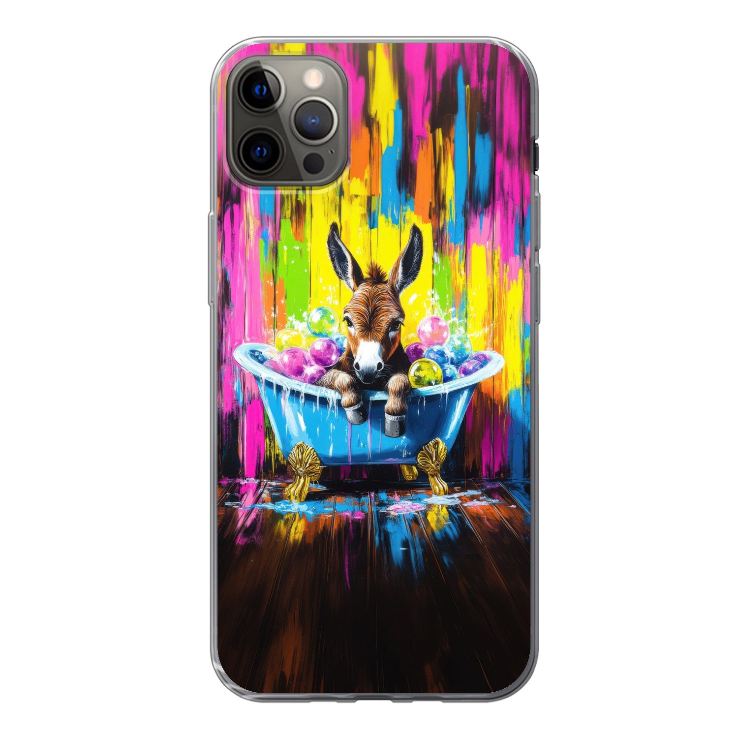 MuchoWow Handyhülle für Apple iPhone 12 Pro Max Esel - Badewanne - Rosa - Schaumstoff, Smartphone-Bumper, Print, Handy Schutzhülle Dünn