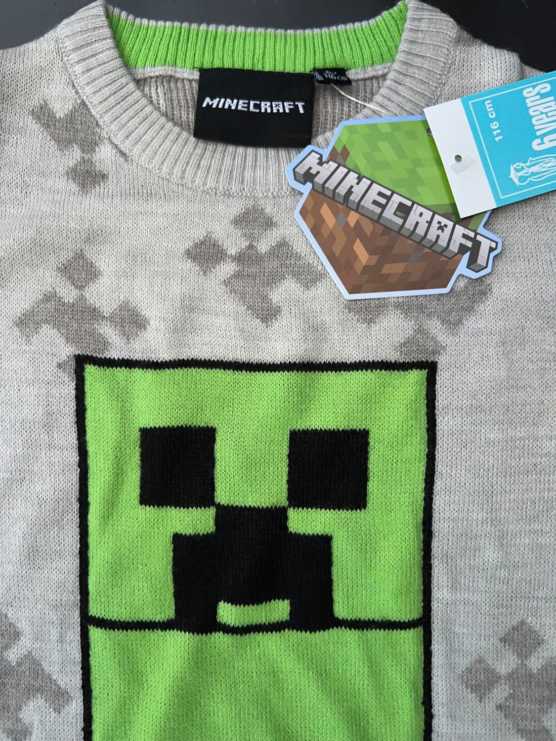 Minecraft Strickpullover MINECRAFT Kinder Pullover Pulli für Jungen + Mädchen in grau oder grün Gr. 116 128 134 140 152 für 6 8 9 10 12 Jahre