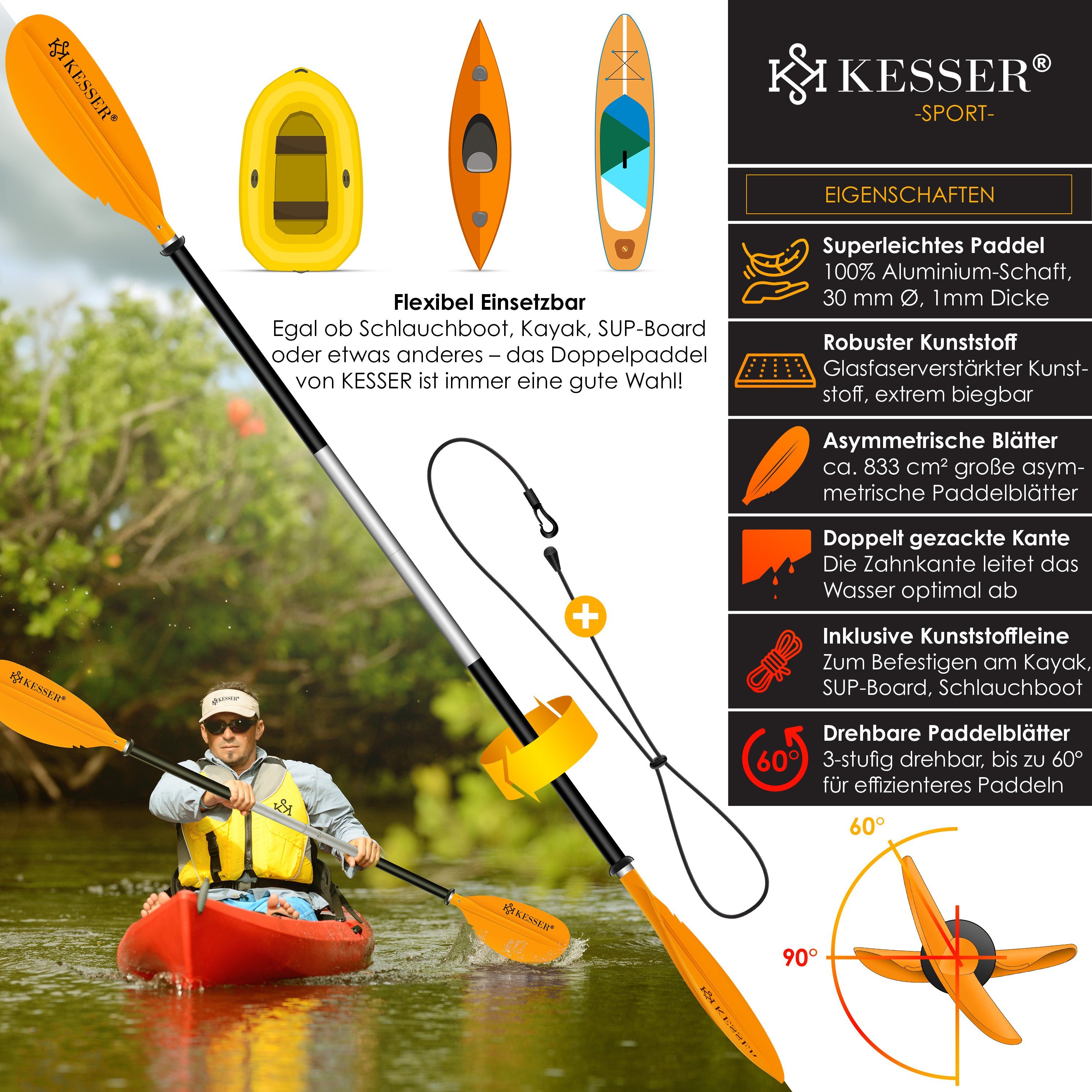 Kayak für 4-teilig Kanu KESSER Paddle Doppelpaddel Stand-Up SUP-Paddel, orange SUP