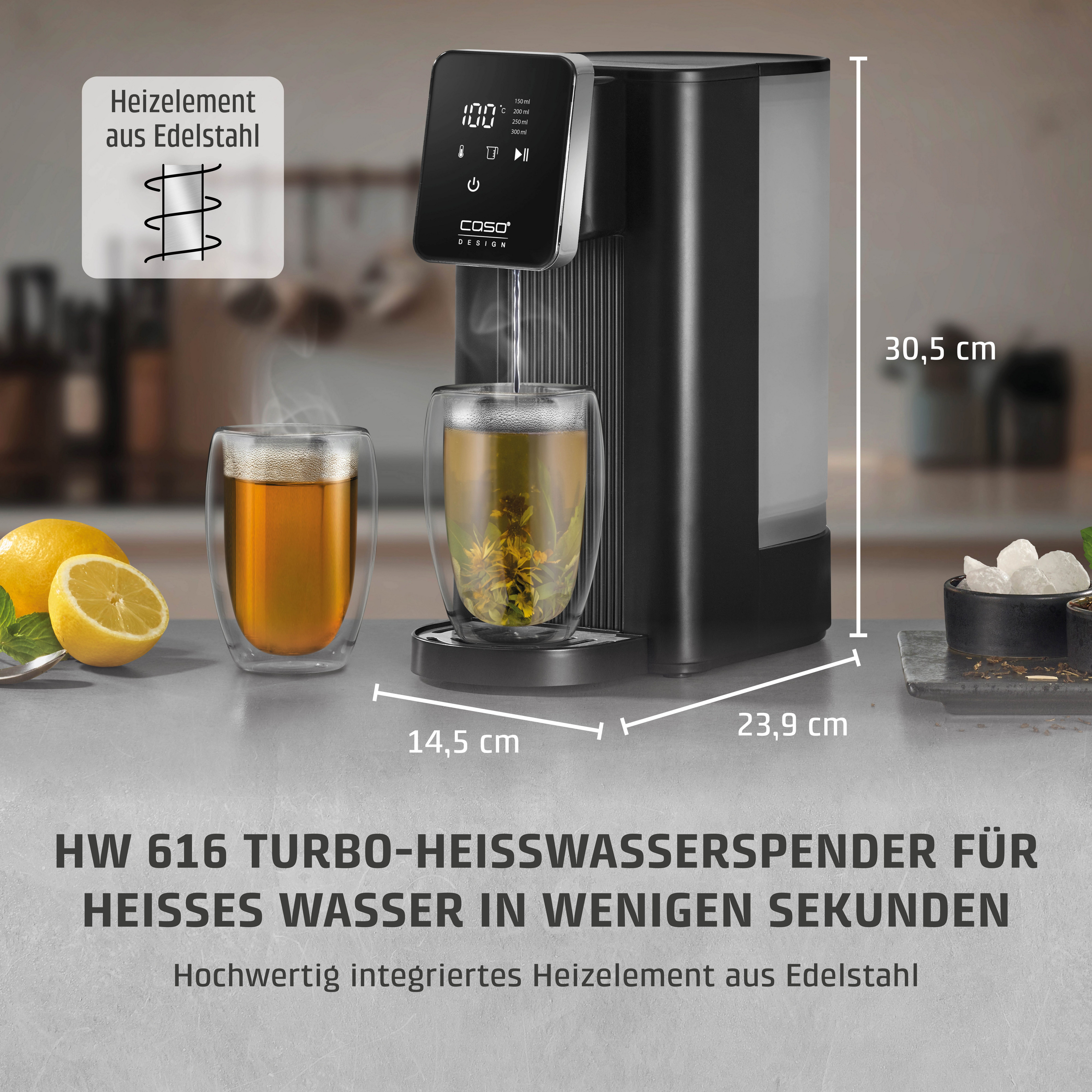 Caso Heißwasserspender HW 616, 2600 W, Heizelement aus Edelstahl, 7 Temperatureinstellungen, 4 Mengenausgaben