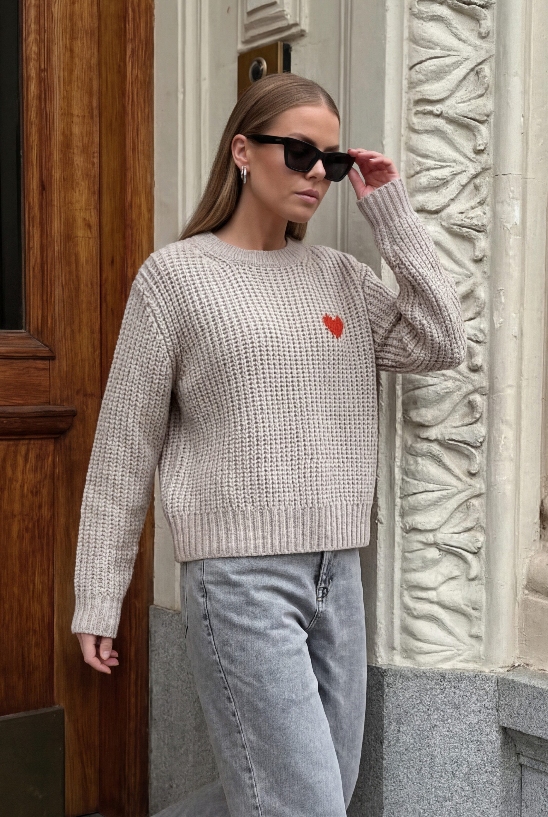 six-o-seven Strickpullover Damen Grobstrick Pullover Beige mit Herzmotiv, Casual Frühlingslook