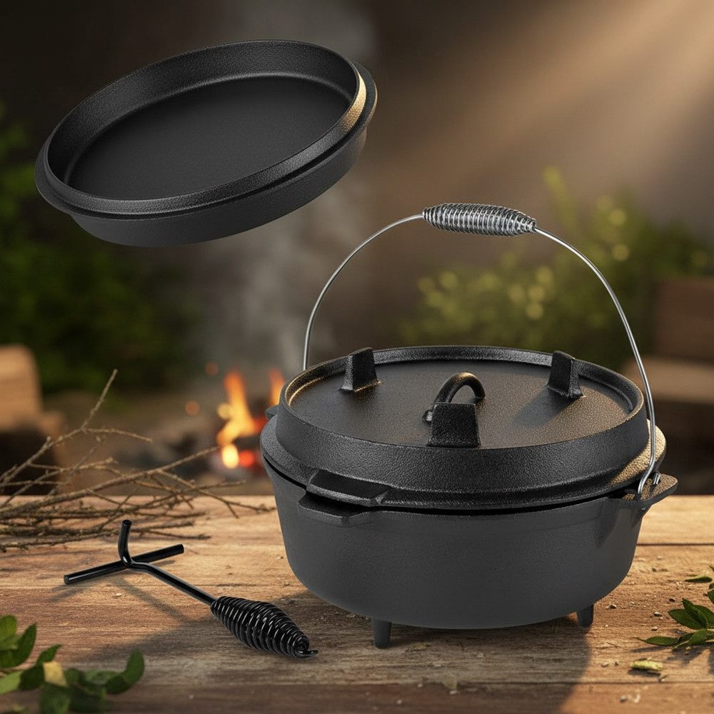 Mucola Feuertopf Dutch Oven Kochkessel Outdoorküche Schmortopf Grilltopf BBQ Gusseisen, Gusseisen (Stück, 3-tlg., Dutch Oven), Der Deckel kann als Bratpfanne genutzt werden