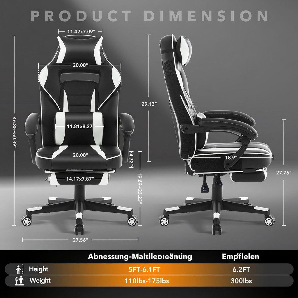 GarveeMore Gaming-Stuhl mit Fußstütze und Lendenwirbelstütze,360° drehbarer günstig online kaufen