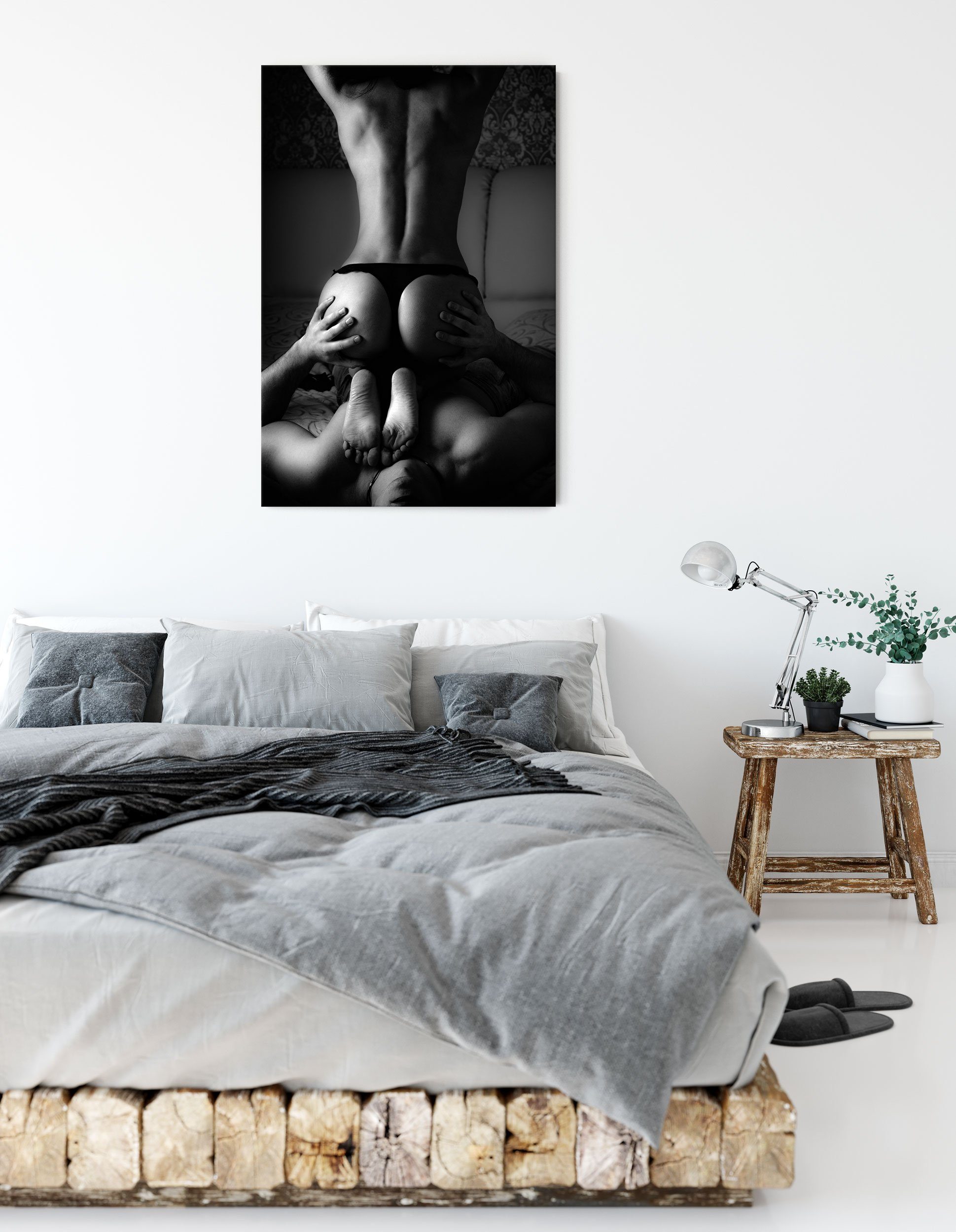 Erotisches Zackenaufhänger bespannt, Kunst Leinwandbild inkl. St), Erotisches Paar Leinwandbild Paar fertig B&W B&W, (1 Kunst Pixxprint