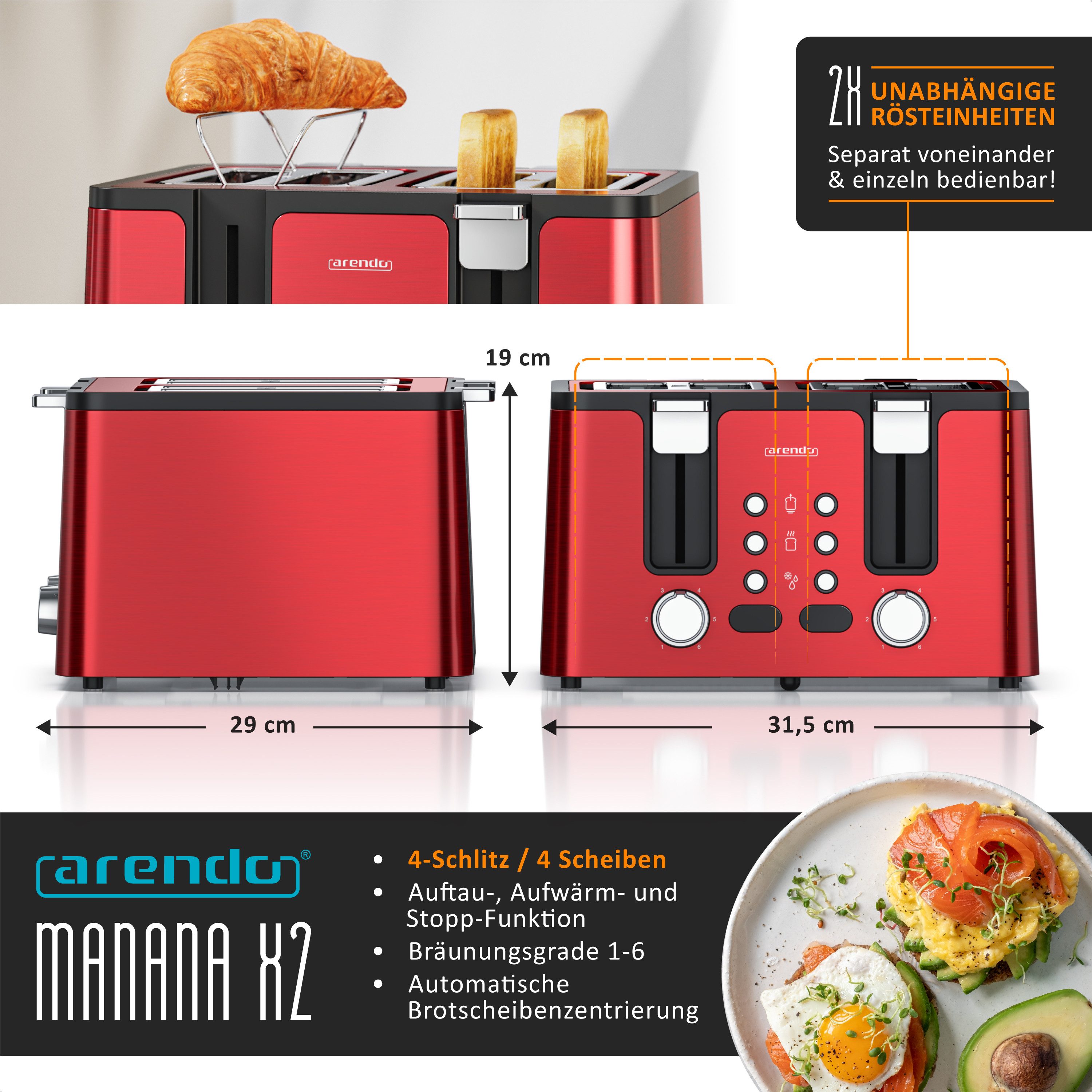 Arendo Toaster 4-Scheiben, Edelstahl, Brötchenaufsatz, Restzeitanzeige, Rot, 4 kurze Schlitze, für 4 Scheiben, 1750 W, Doppelwandgehäuse, Defrost Funktion, Krümelschublade, 6 Bräunungsgrade