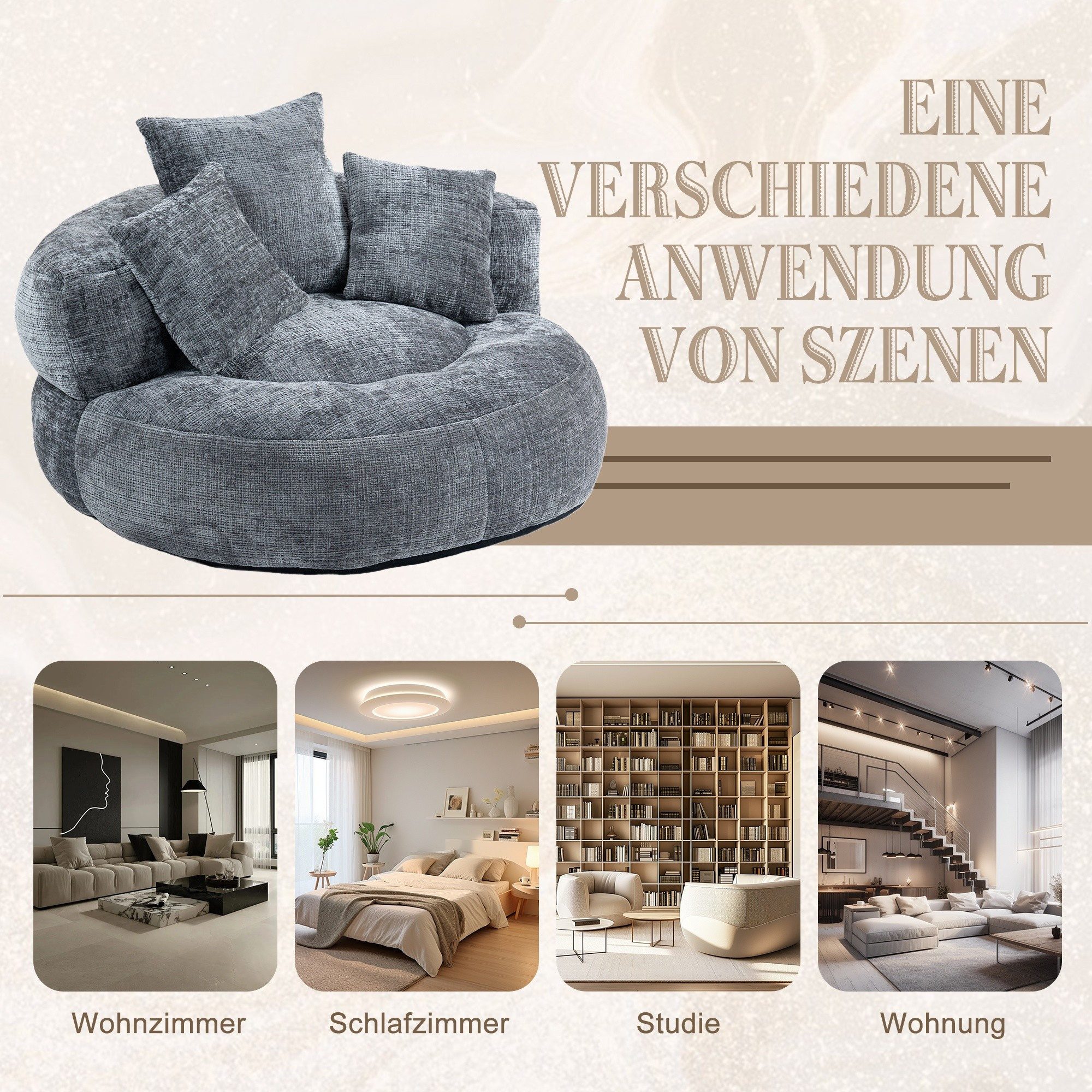 LVHOM Sitzsack 108x108x52cm Chenille Premium Sofa mit 3 extra Kopfkissen (Kuschelig & Atmungsaktiv, Einzelsitzer-Lounge, komplett komprimiert geliefert. Perfekt für Ruhe, Lesen, Gaming & Nickerchen. Ideal für Wohnzimmer, Schlafzimmer, Spielzimmer & Office, Belastbar bis 150kg. Nettogew. 20,5kg), Memory Foam Split, Selbstaufrichtung <3 Tage, Maximaler Liegekomfort