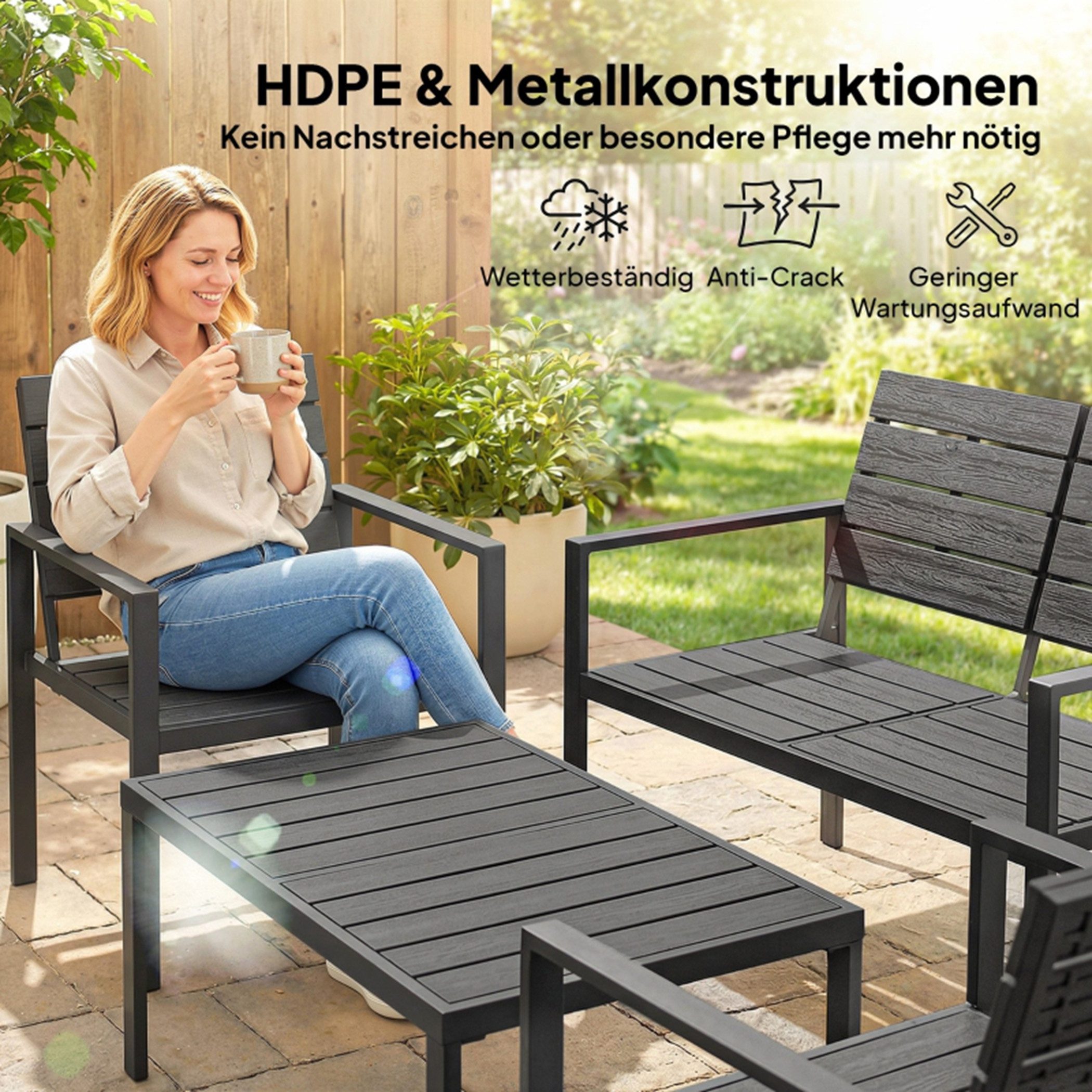 MC Star Gartenlounge-Set Gartenmöbel Set Sitzgruppe für 4 Personen Gartenlounge, (mit 2er Sofa 2 Sessel Beistelltisch Lamellendesign Schwarz)