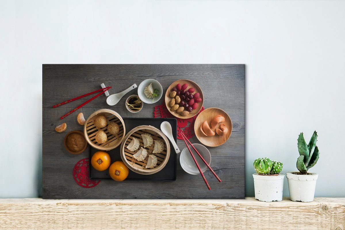 Aufhängefertig, Wanddeko, Wandbild OneMillionCanvasses® Draufsicht (1 auf Leinwandbild St), auf 30x20 chinesisches Stäbchen, Holztisch mit cm einem Leinwandbilder, Essen