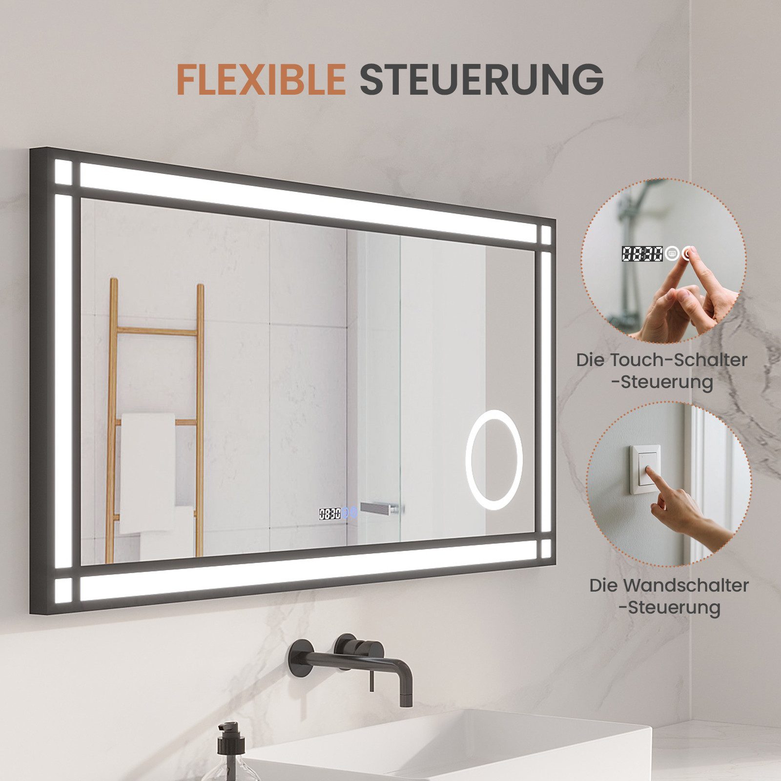 AQUALAVOS LED-Lichtspiegel LED Badspiegel mit Beleuchtung Vergrößerung 6400K Dimmbar für Make-up, Modernes Design Anti-Beschlag kaltweiß Touch-Dimmer IP44 Wandspiegel