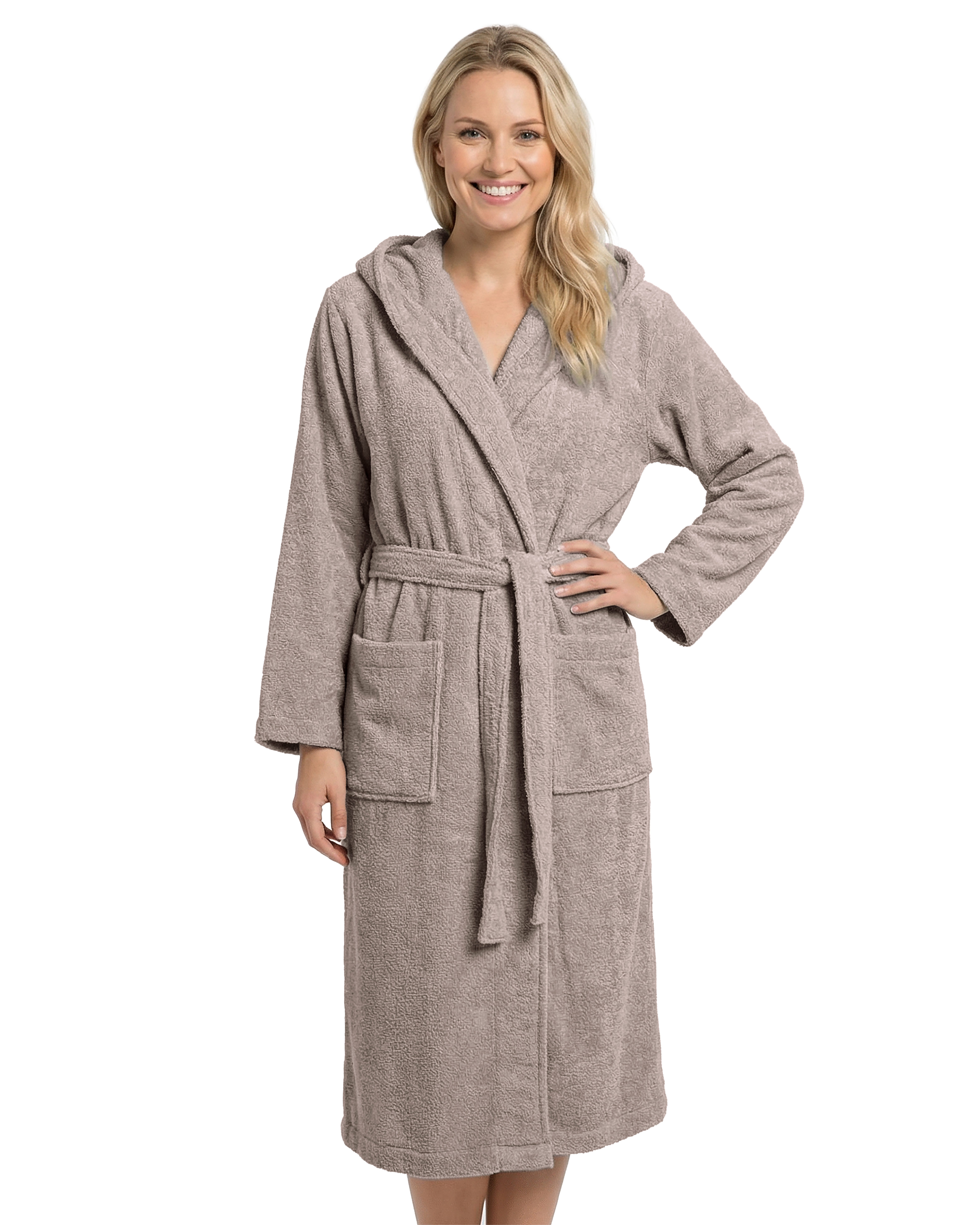 Laynenburg Damenbademantel Bademantel Damen mit Kapuze aus 100% Baumwolle Frottee, mit Gürtel, aufgesetzten Taschen, Waden-lang für Spa, Sauna, S-XXXL