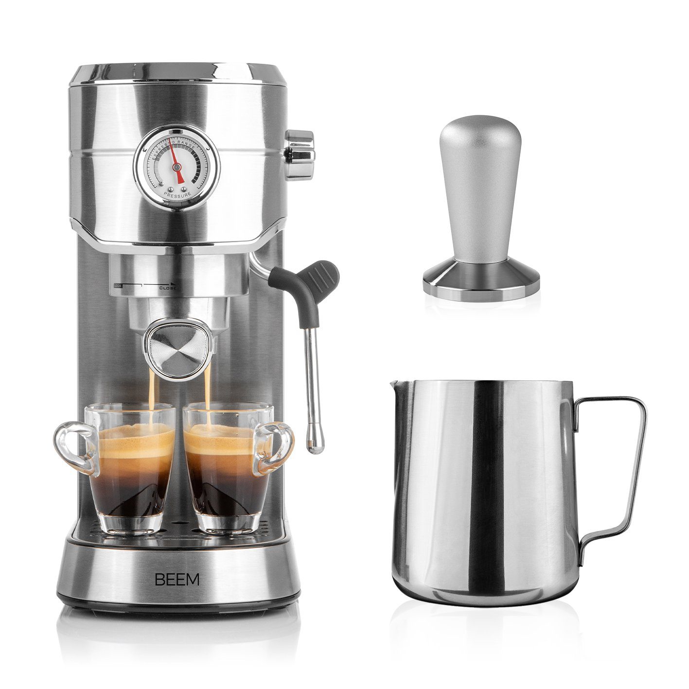 BEEM Siebträgermaschine Kaffeemaschine (20 bar) ESPRESSO-ULTIMATE BARISTA-SET Espressomaschine, schwenkbare Dampfdüse Prew-Brew-System Milchkännchen Tamper inkl.