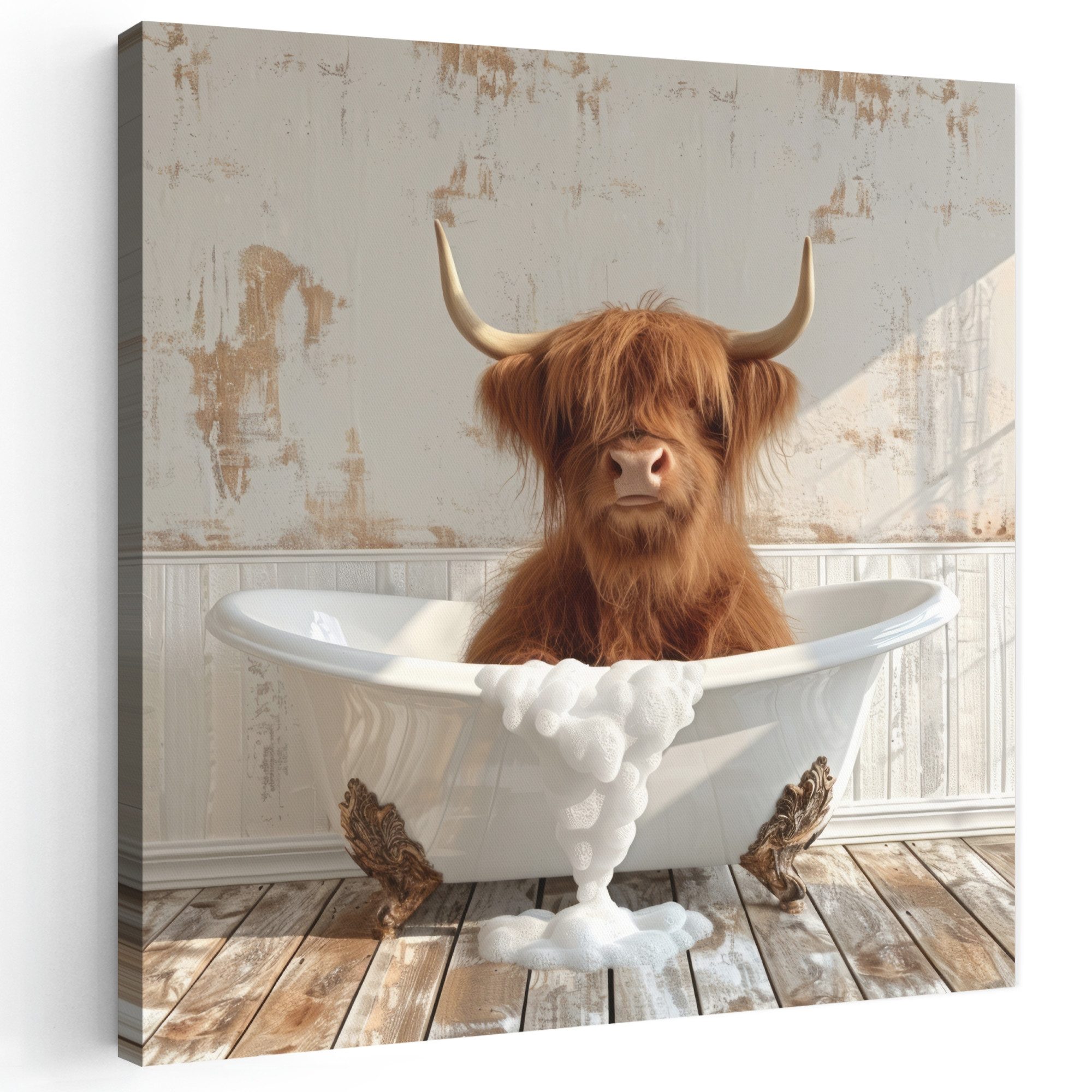 OneMillionCanvasses® Leinwandbild Schottischer Highlander - Badewanne - Vintage - Kuh, Fotodruck (1 St), Wandbild, Deko Schlafzimmer Wohnzimmer Flur 20x20 cm