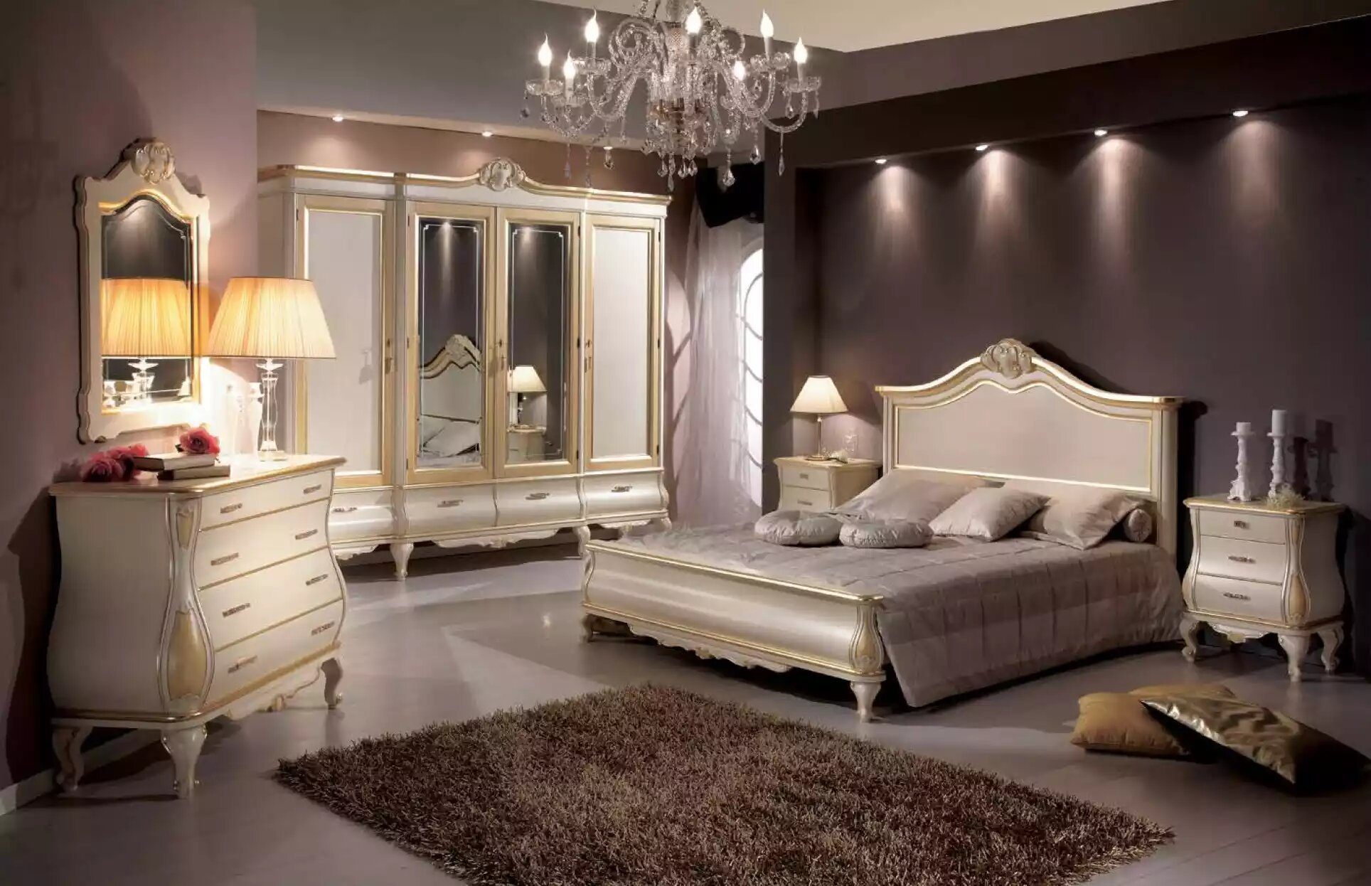 JVmoebel Schlafzimmer-Set Weiß Schlafzimmer Set Bett 2x Nachttische Schranke Kleiderschrank, (6-St., Bett + 2x Nachttische + Kleiderschrank + Kommode + Spiegel), Made in Italy