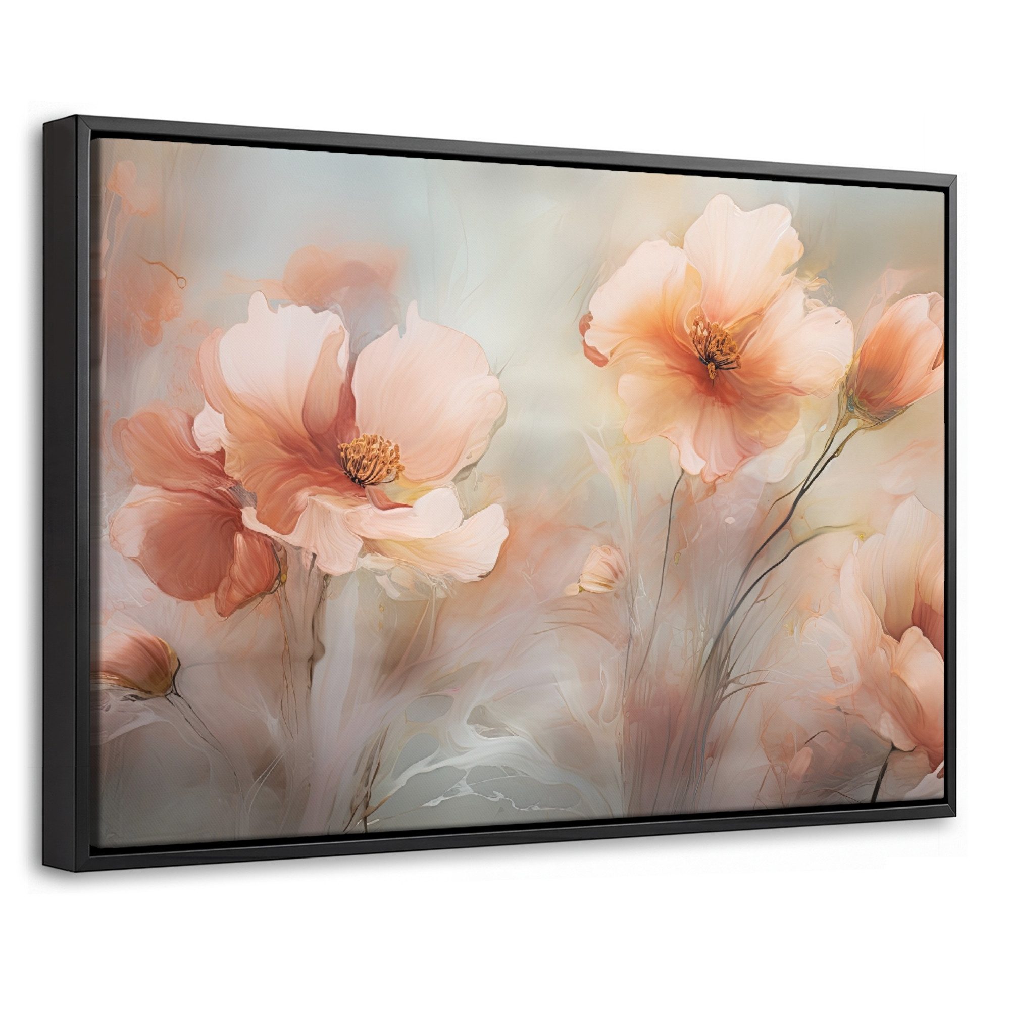 OnlyWow Leinwandbild mit Rahmen - Blumen - Pastell - Kunst - Mohnblumen - Aquarell, Fotodruck (1 St), Bilder, Zimmer Wand Bild Dekoration 30x20cm