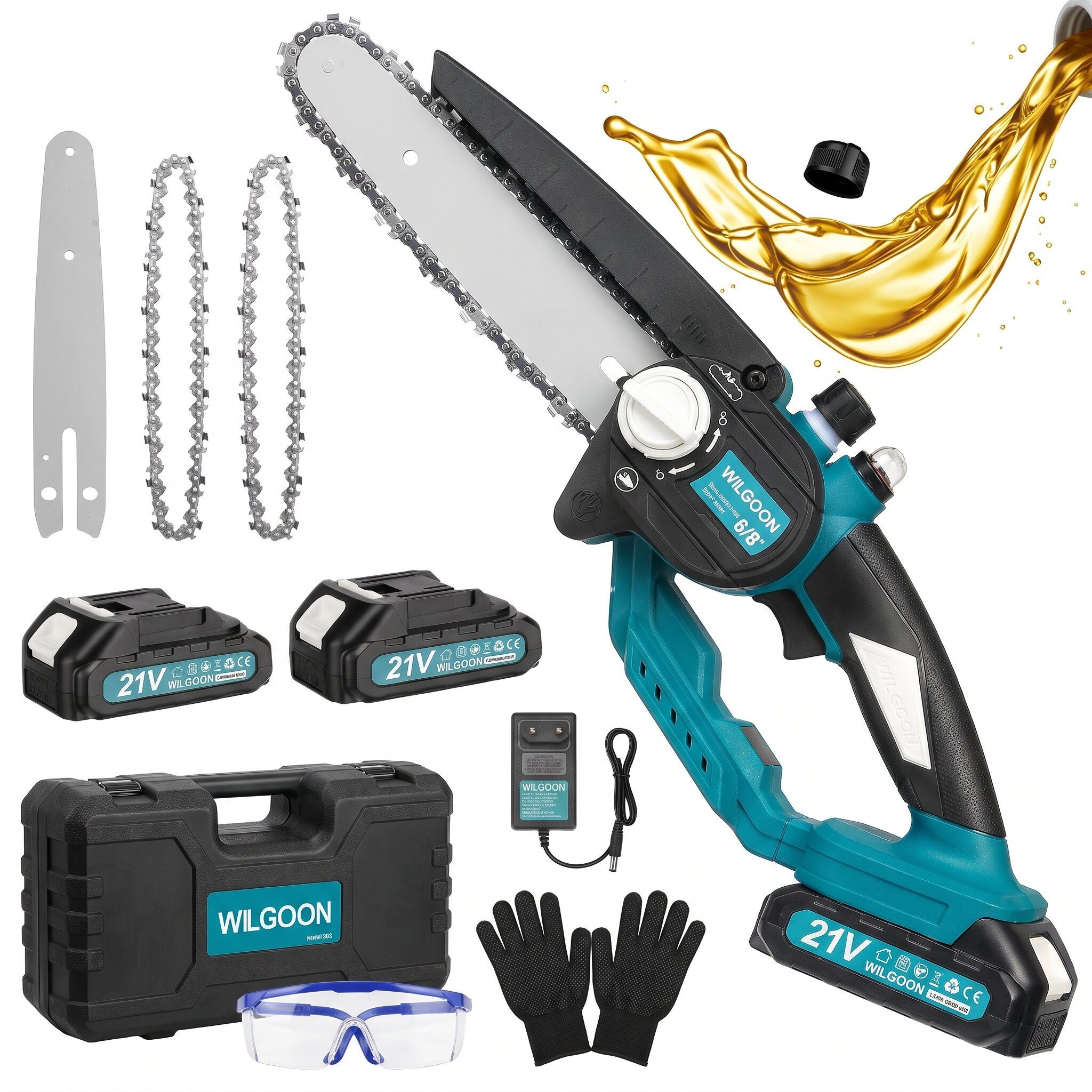 WILGOON Akku-Kettensäge 8 Zoll + 6 Zoll 2-in-1 Sägeblätter mini Bürstenlose Elektro-Kettensäge, 20 cm Schwertlänge, Set, mit 2×21V/2,0Ah Akku, 2 Ketten, Mehrfacher Sicherheitsschutz, für Garten Holz und Astscheren