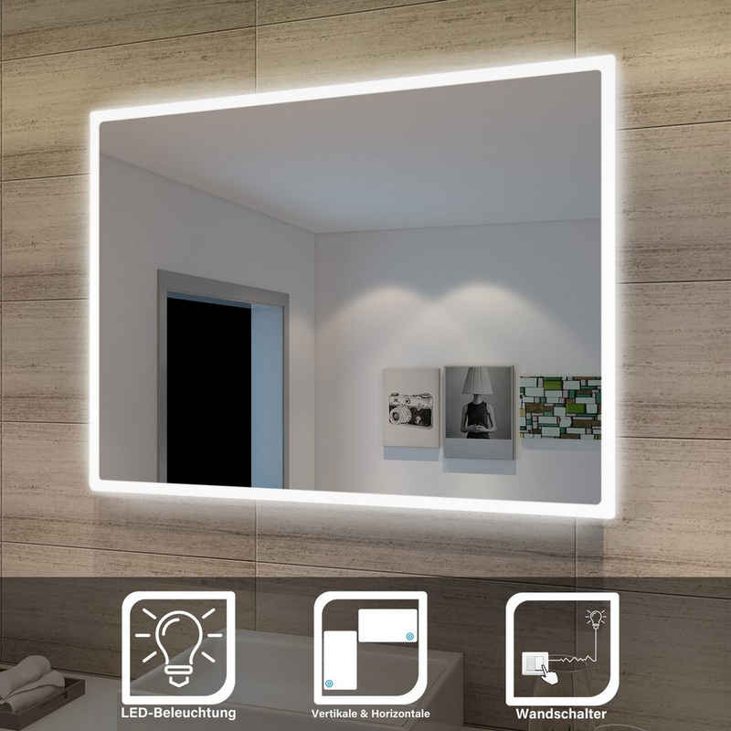SONNI Дзеркало для ванної кімнати mit Beleuchtung, 80×60 cm,Wandschalter, Badezimmerspiegel, LED Дзеркало для ванної кімнати, Настінне дзеркало, Дзеркало для ванної кімнати, Lichtspiegel IP44