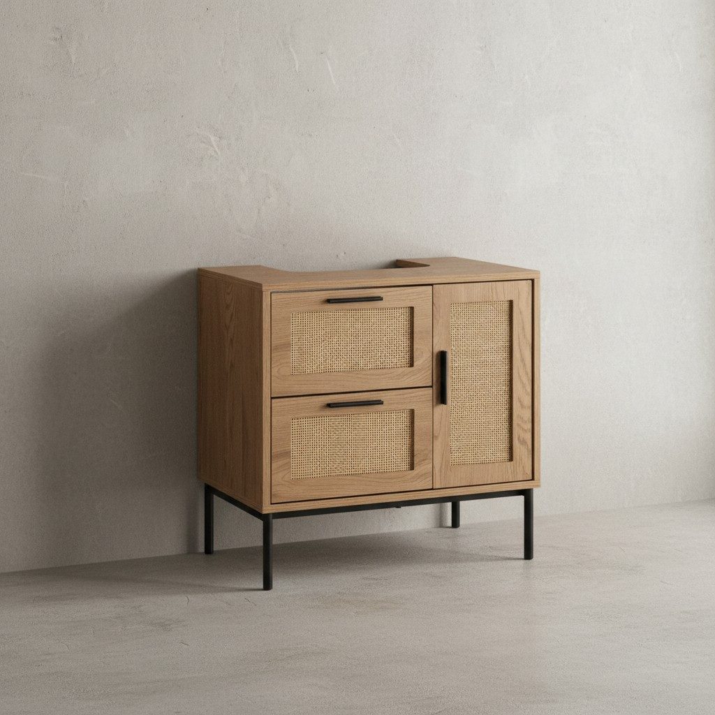 KADIMA DESIGN Waschbeckenunterschrank Waschbeckenunterschrank Eiche-Optik 60x60x40 cm mit Tür und (Stehend, Badschrank Midischrank Klein Waschtisch) Schubladen, Badezimmerschrank mit Rattangeflecht, Unterschrank