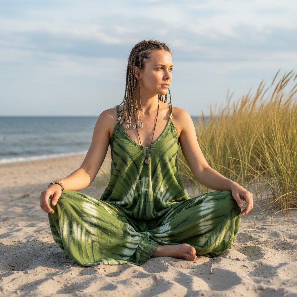 Guru-Shop Relaxhose Batik Jumpsuit, Sommer Overall, Hosenkleid - grün alternative Bekleidung