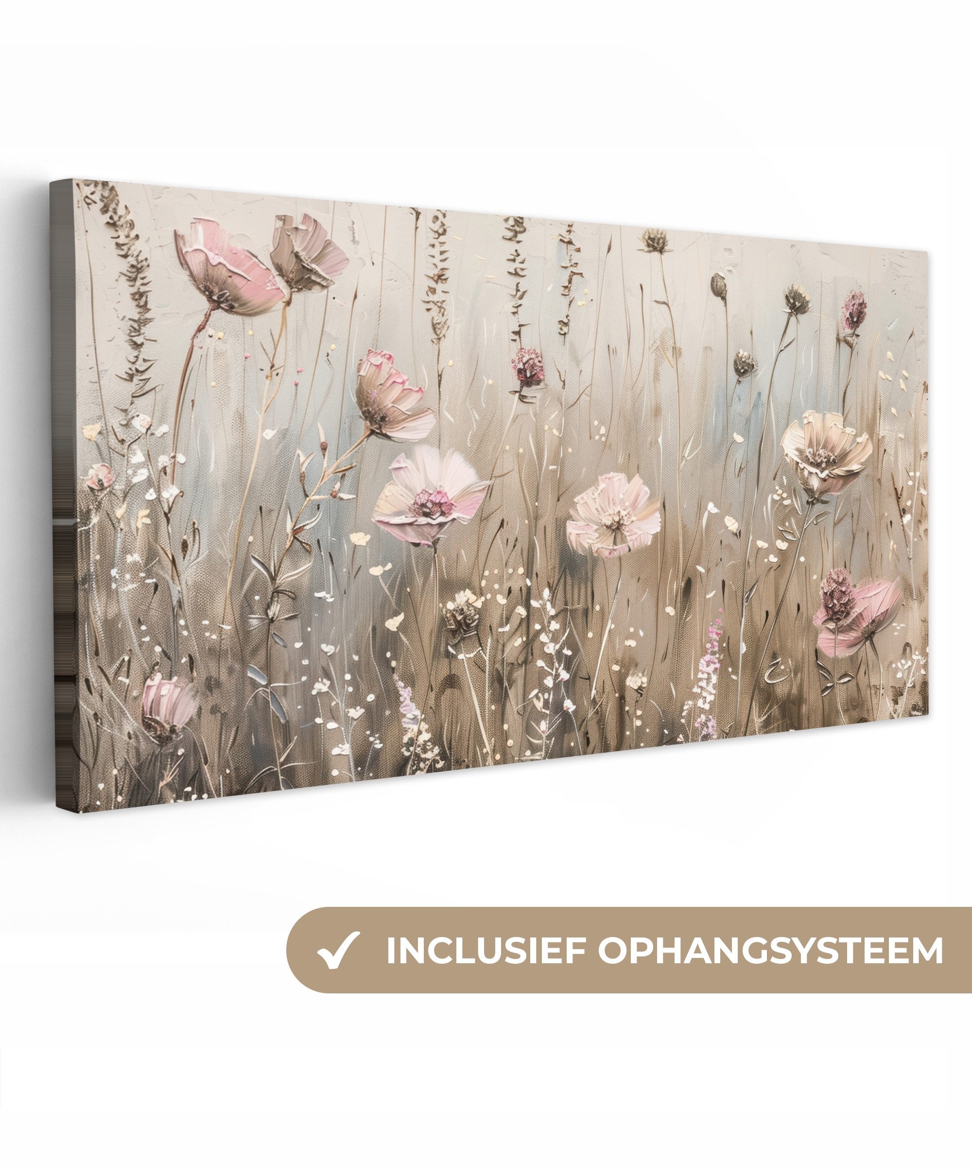 OneMillionCanvasses® Leinwandbild Panorama Blumen - Rosa - Modern - Beige, Fotodruck (1 St), Wandbild, Deko Schlafzimmer Wohnzimmer Flur 40x20 cm