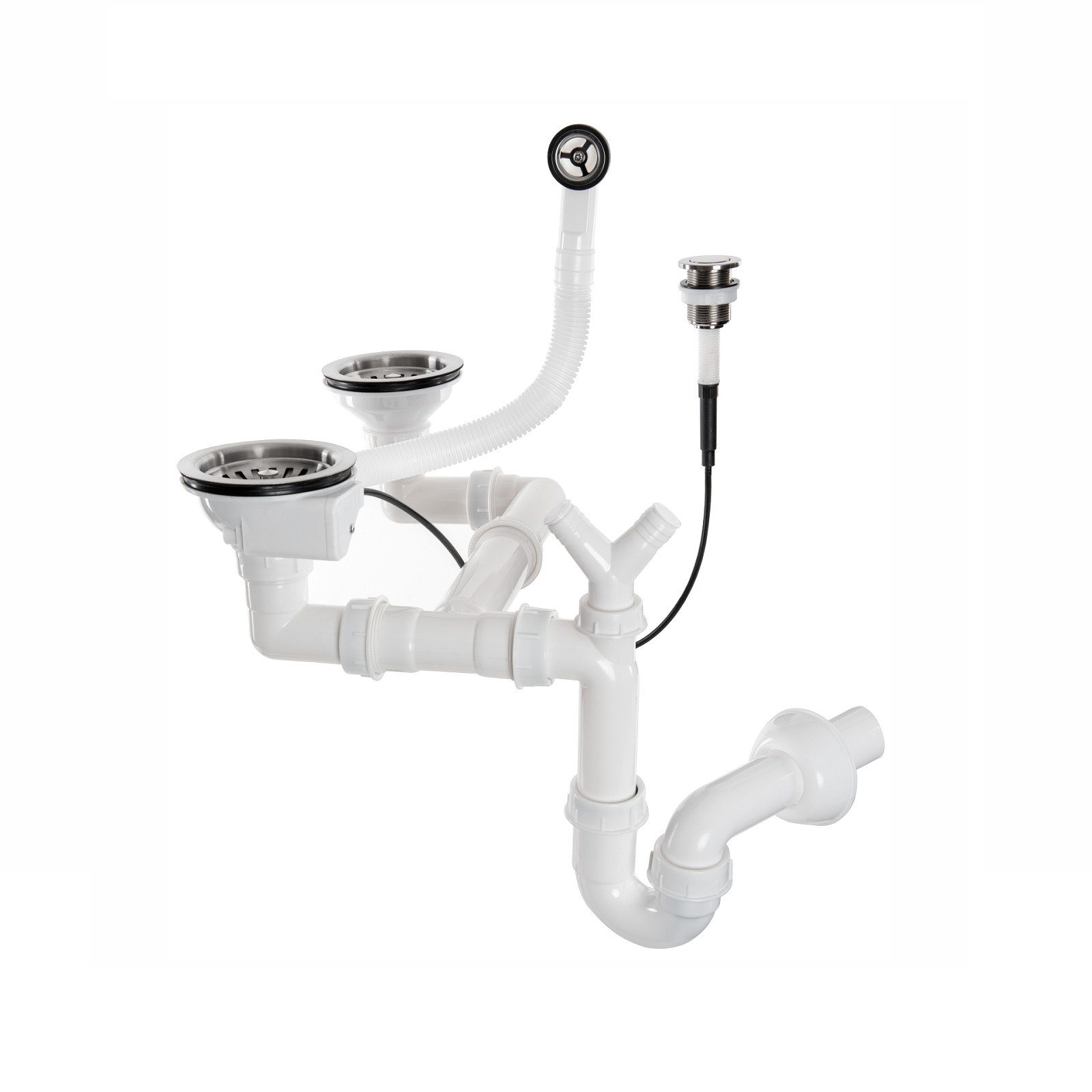 QLS Siphon 2 Kammer Automatisch, Abflussgarnitur Ablauf Überlauf Abfluss 1,5- 2 Becken Chrom Push