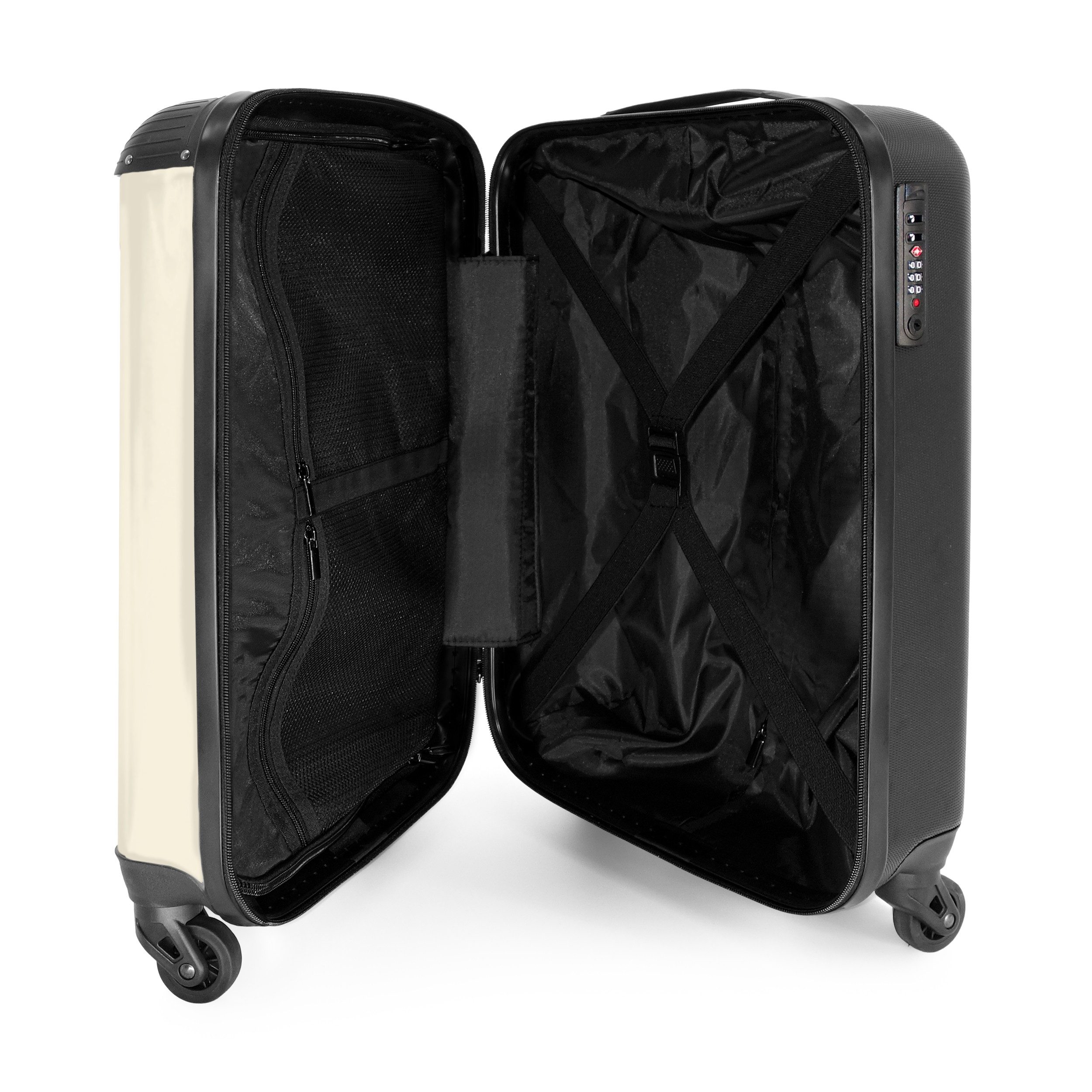 NoBoringSuitcases.com© Hartschalen-Trolley Cremefarbener Hintergrund mit zentralem dreifarbigen Streifen und Text, Reisetasche mit Rollen, Koffer Handgepäck Flu – Bild 4 von 5