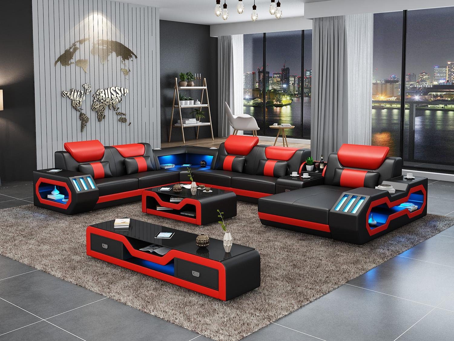Big mit Sofa Form USB Ecksofa Ecksofa, Schwarz/Rot JVmoebel Design Couch Wohlandschaft U