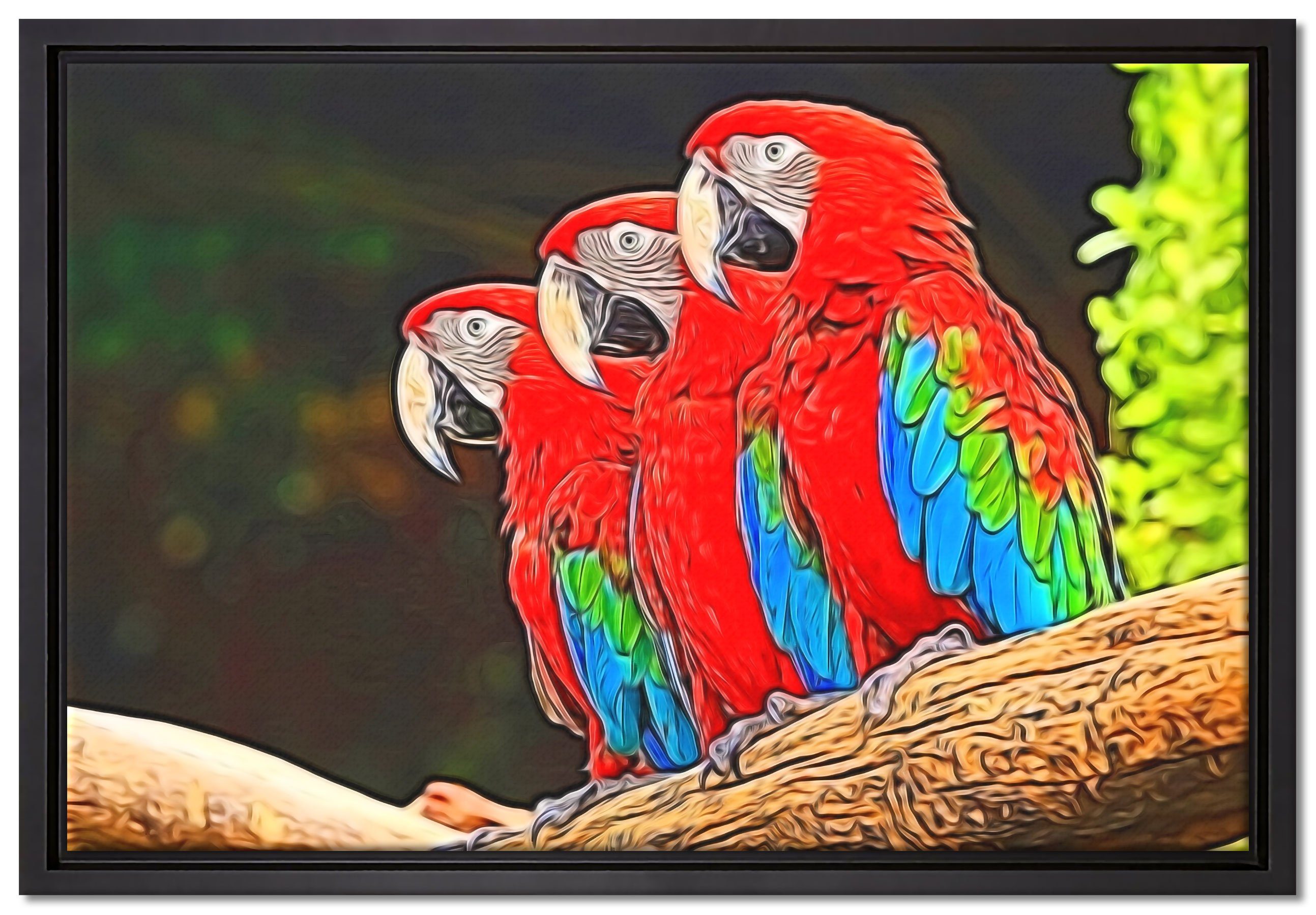 Pixxprint Leinwandbild Bunte Papageien auf Ast, Wanddekoration (1 St), Leinwandbild fertig bespannt, in einem Schattenfugen-Bilderrahmen gefasst, inkl. Zackenaufhänger