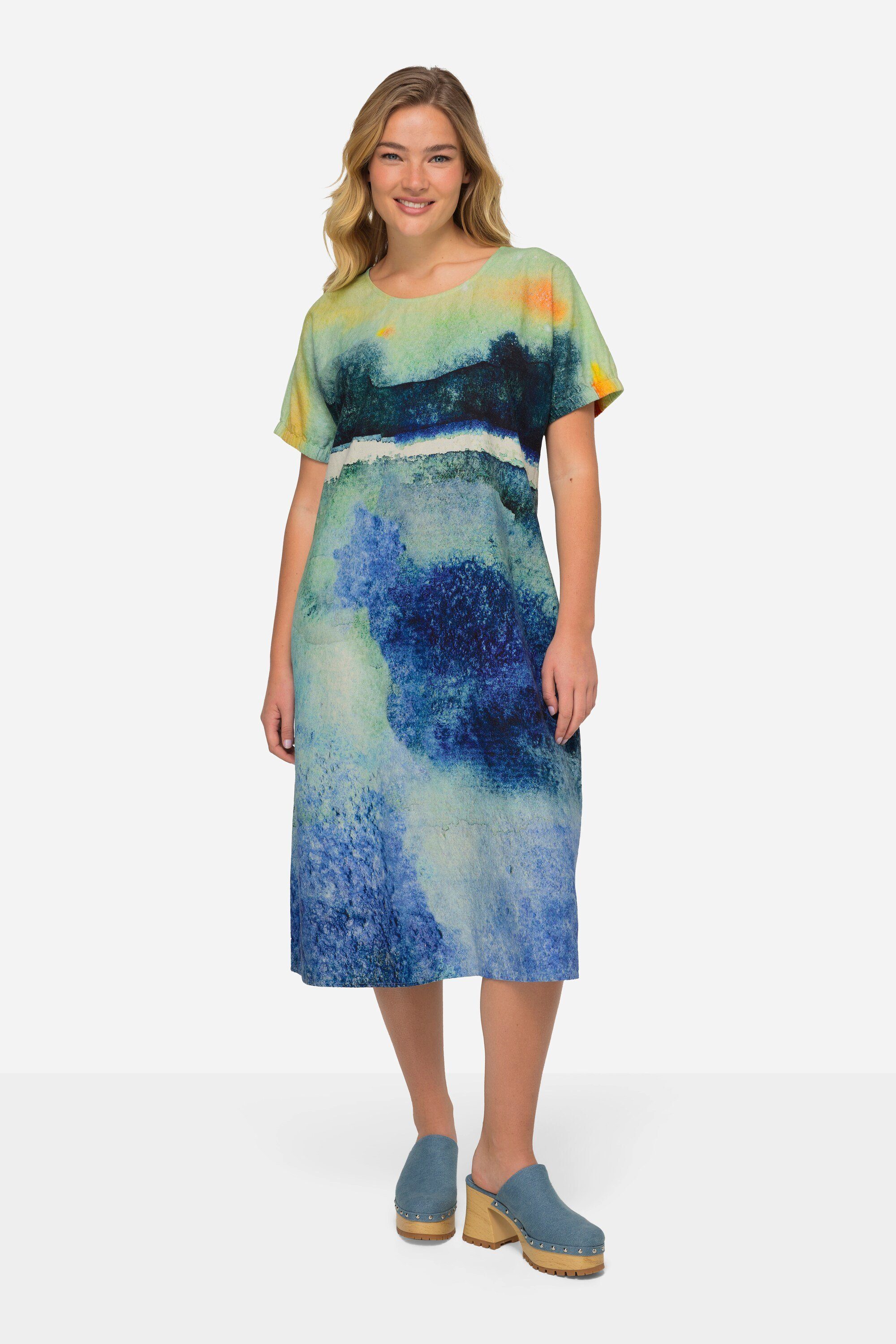 Laurasøn Sommerkleid Leinenmix-Kleid A-Line Landschafts-Print Rundhals