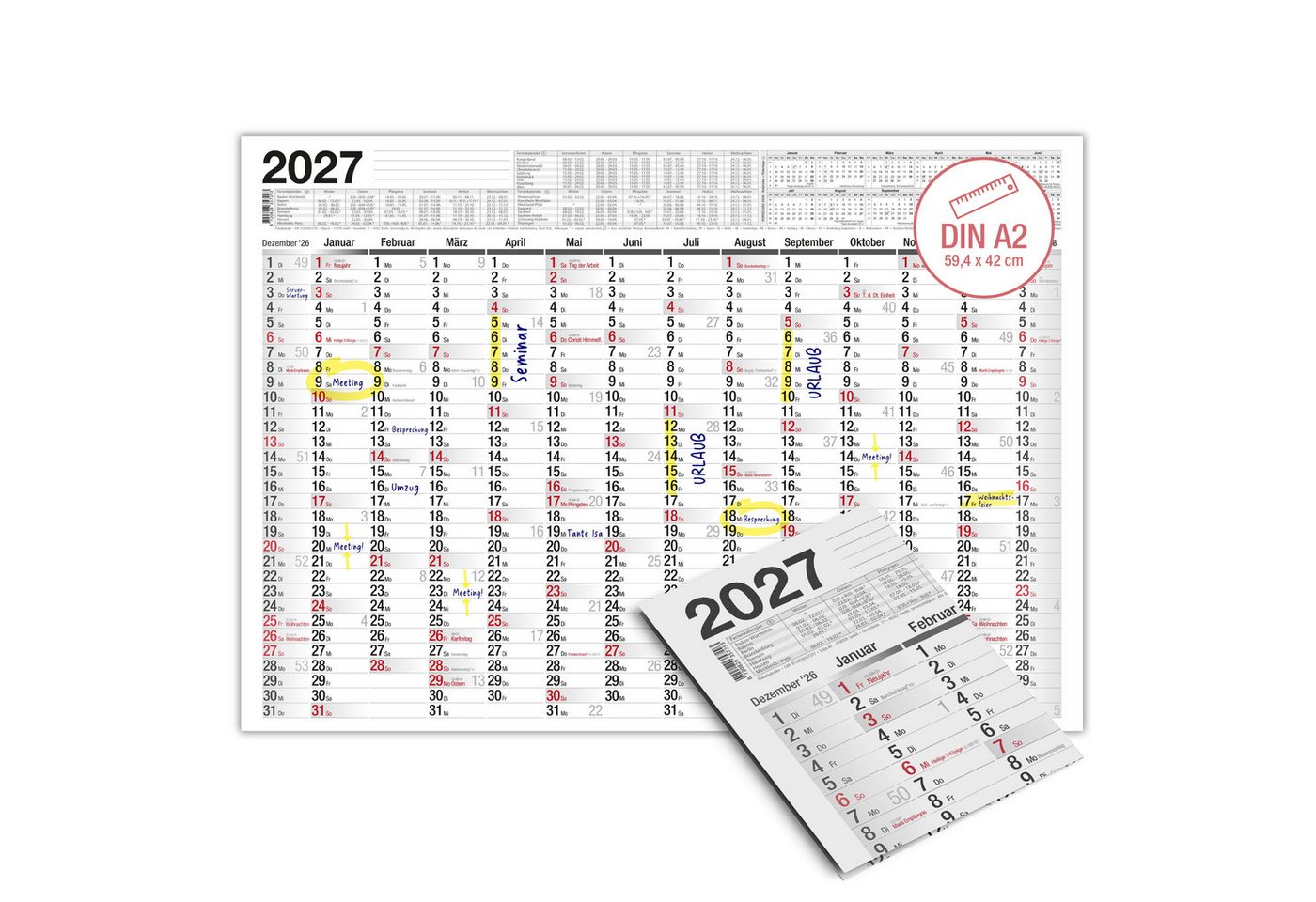 TOBJA Wandkalender Wandkalender 2027 A2 Standard 14 Monate – Jahresplaner quer, 14 Monate, Schulferien DE, KW, Rückseite Jahresplanung