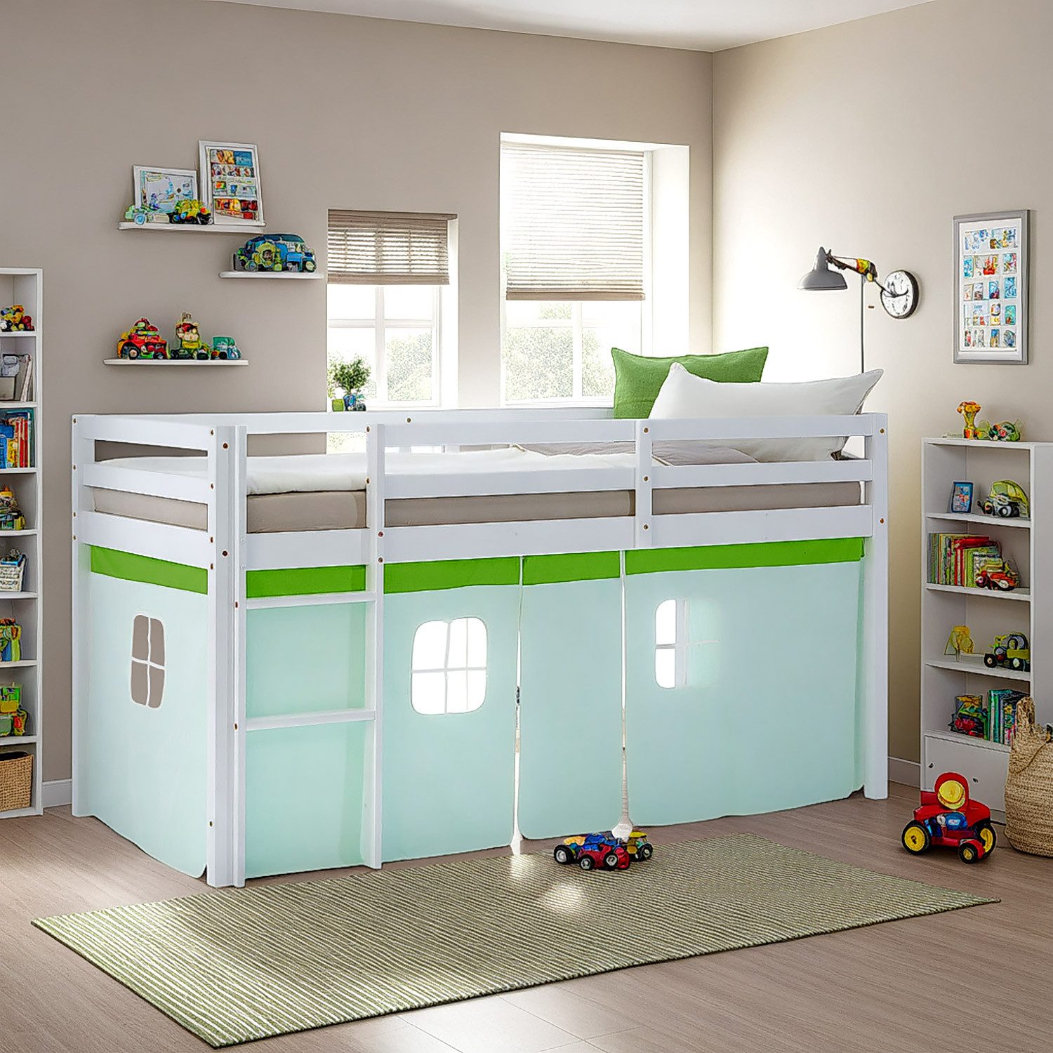 Homestyle4u Hochbett Kinderbett 90x200 Spielbett Massivholz Kiefer Jungen Weiß Grün Vorhang (Komplett-Set mit Lattenrost, Matratze mit OEKO-TEX® Standard 100) mit Rausfallschutz, Jungen