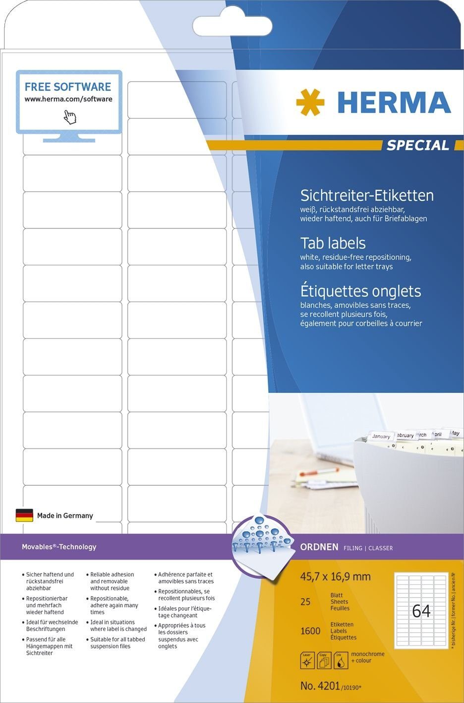 HERMA Hefter 4201 Sichtreiteretiketten A4 weiß 457x169 mm Movables/ablösbar Papier