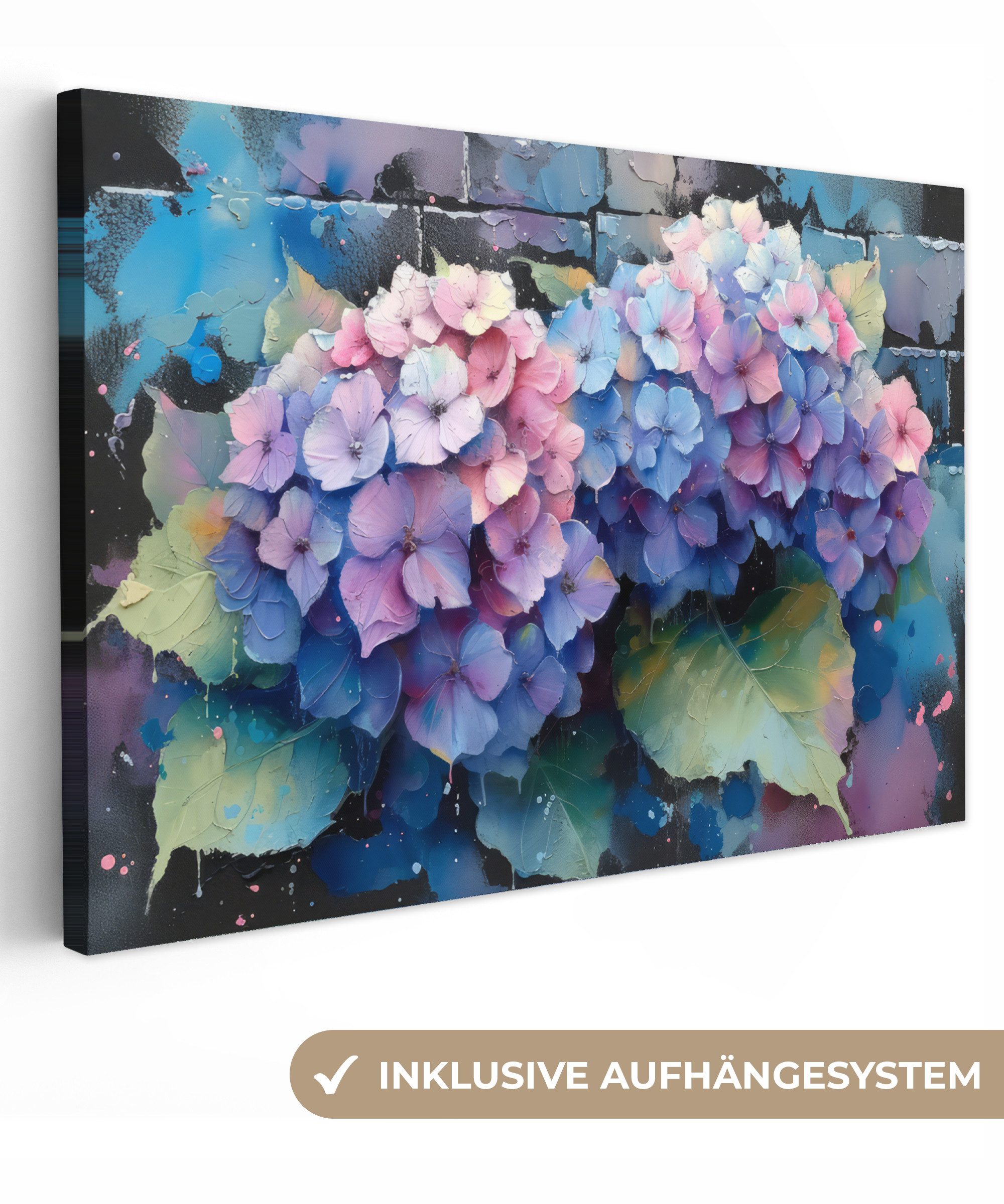 Leinwandbild Hortensie - Graffiti - Blumen - Lila Hortensien